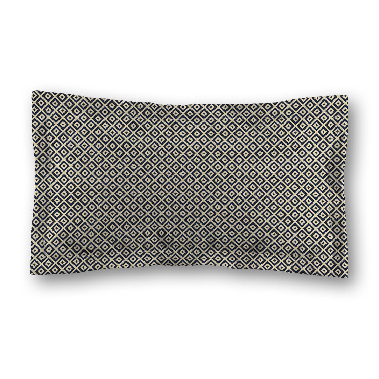 Desert Sand Microfibre Pillow Sham with Flange, Navy Blue Repeating Square Motif Print, Tan Reverse Side, Standard (width x length) 22 x 30 inches / 56 x 76 cm