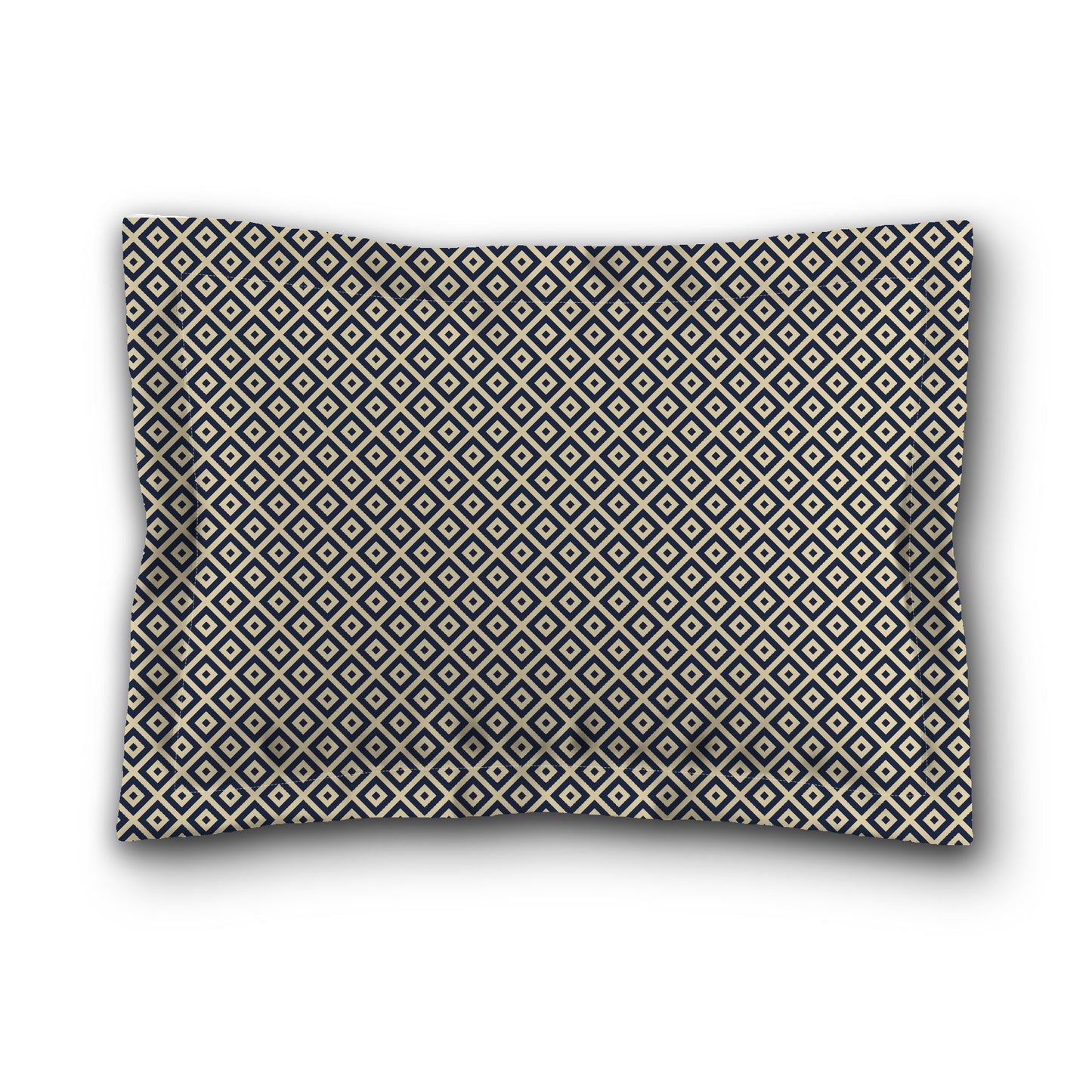 Desert Sand Microfibre Pillow Sham with Flange, Navy Blue Repeating Square Motif Print, Tan Reverse Side, King (width x length) 22 x 38 inches / 56 x 97 cm