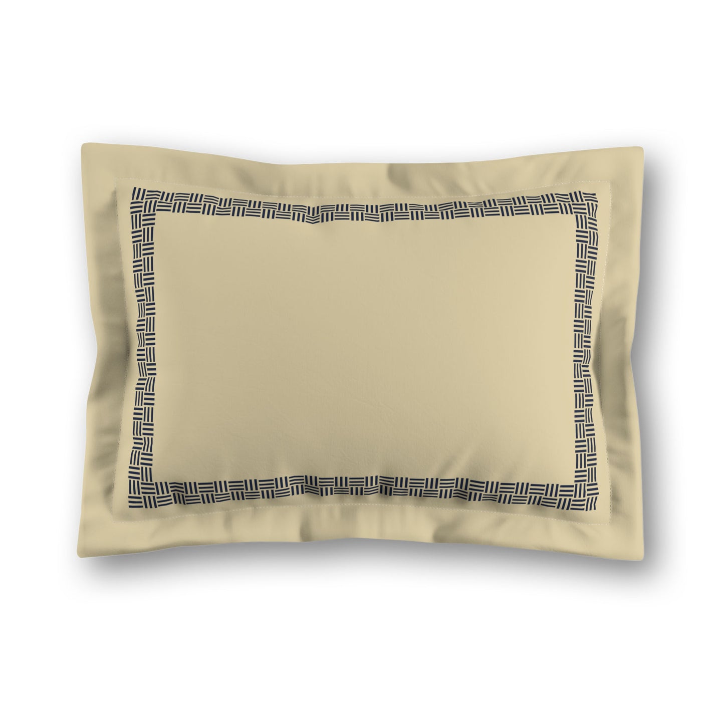 Desert Sand Microfibre Pillow Sham with Flange, Navy Blue Double Weave Motif Print, Classic Border, Tan Reverse Side, King (width x length) 22 x 38 inches / 56 x 97 cm