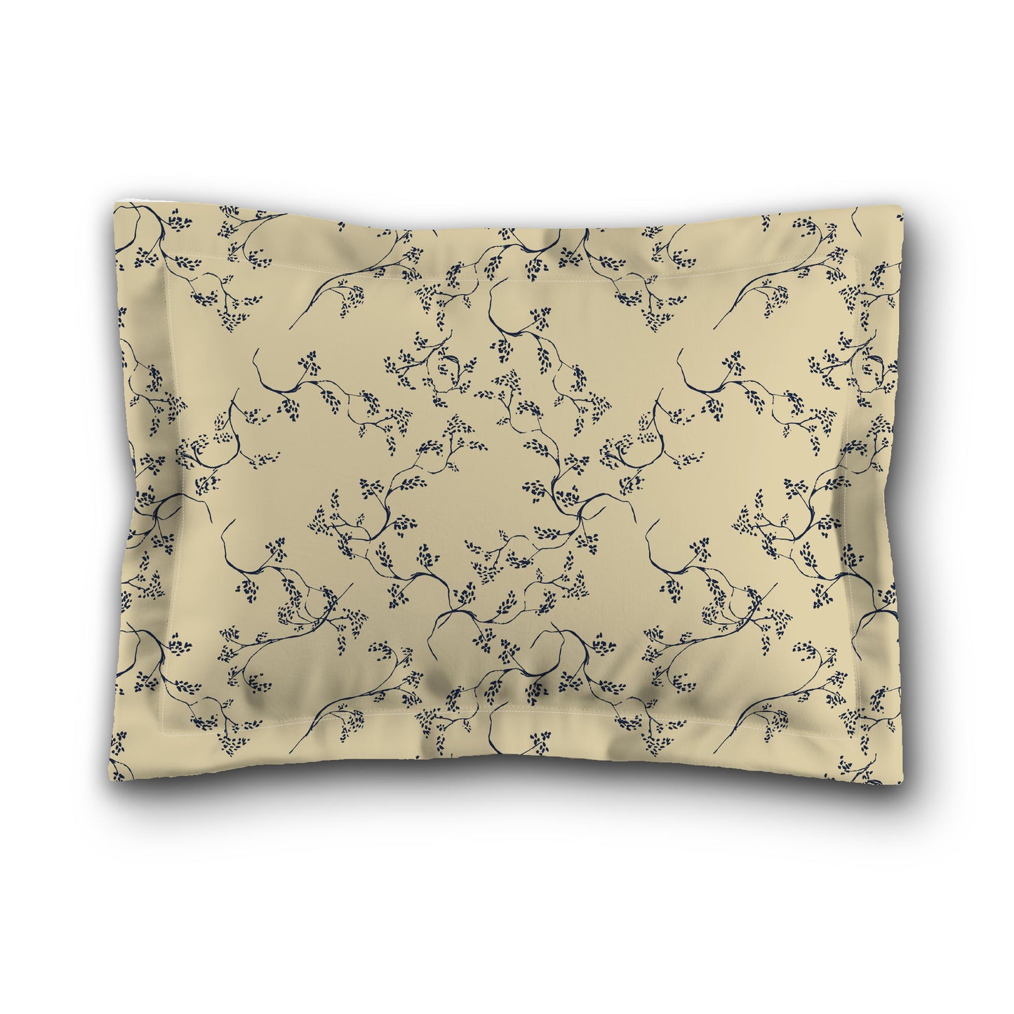 Desert Sand Microfibre Pillow Sham with Flange, Navy Blue Hand-painted Vine Print, Tan Reverse Side, King (width x length) 22 x 38 inches / 56 x 97 cm