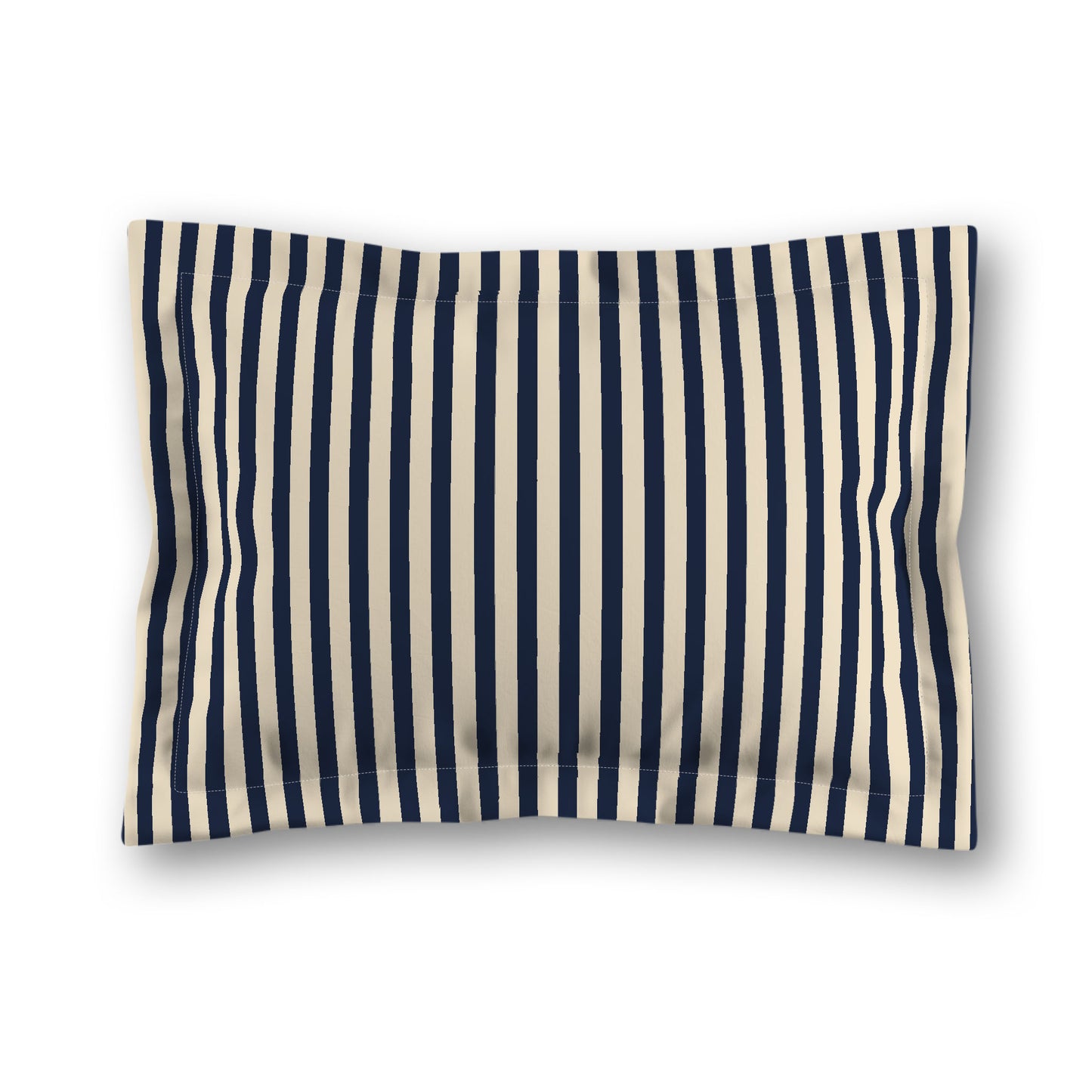 Beige Microfiber Sham with Flange, Thin Navy Blue Bars on Front, White Reverse Side, King (width x length) 22 x 38 inches / 56 x 97 cm