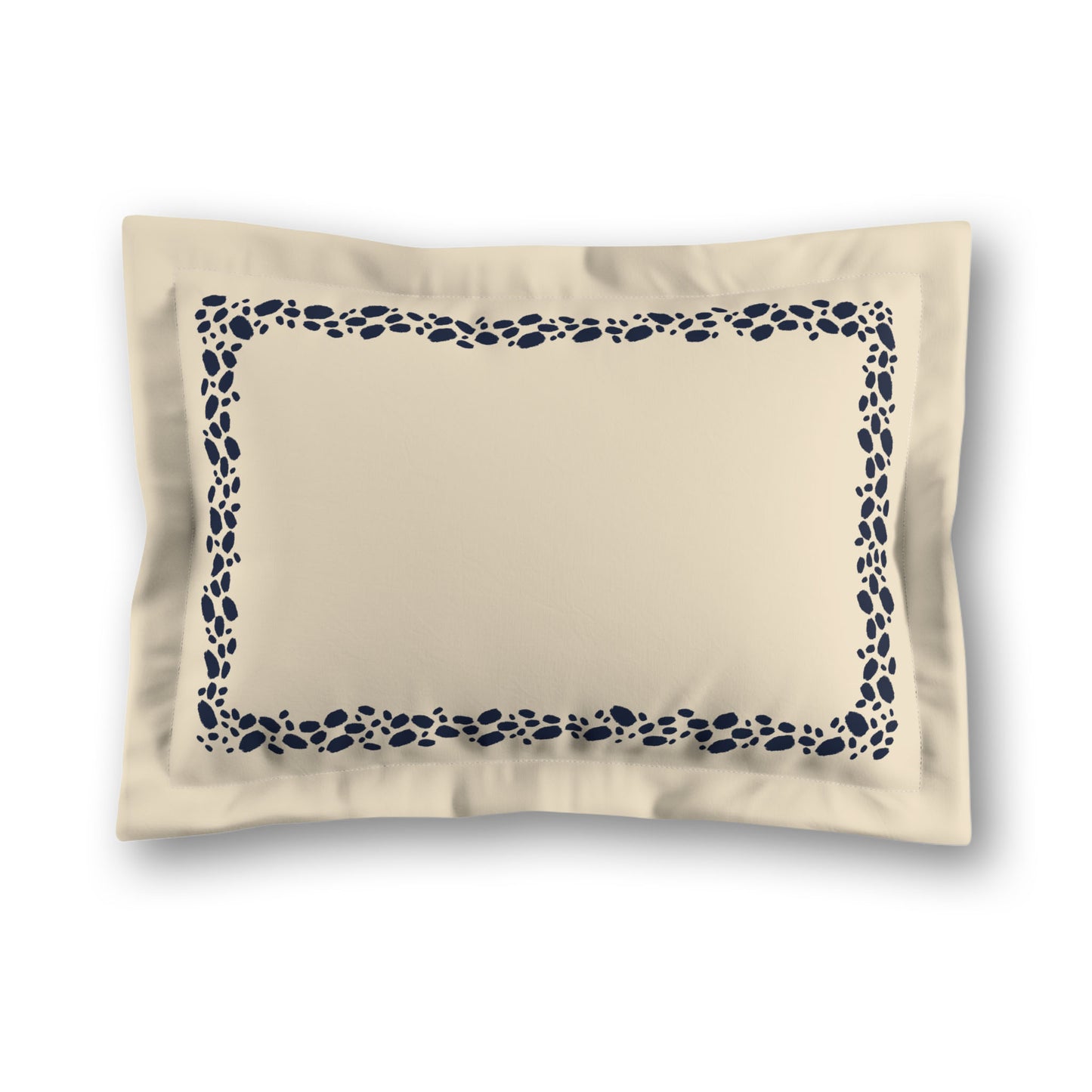 Beige Microfiber Pillow Sham with Flange, Navy Blue Hand-painted Dab Motif Print, Classic Border, White Reverse Side, King (width x length) 22 x 38 inches / 56 x 97 cm