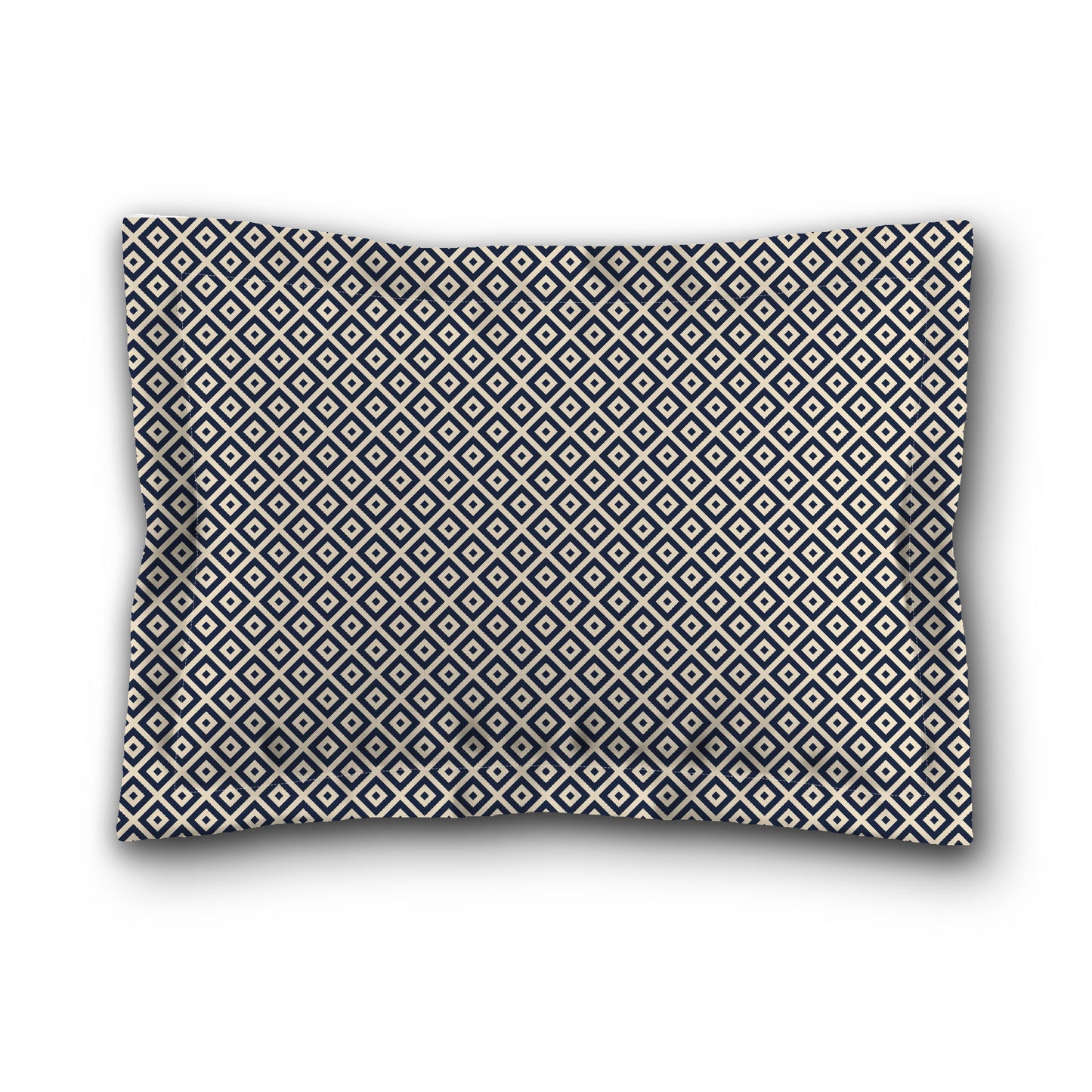 Beige Microfiber Pillow Sham with Flange, Navy Blue Repeating Square Motif Print, White Reverse Side, King (width x length) 22 x 38 inches / 56 x 97 cm