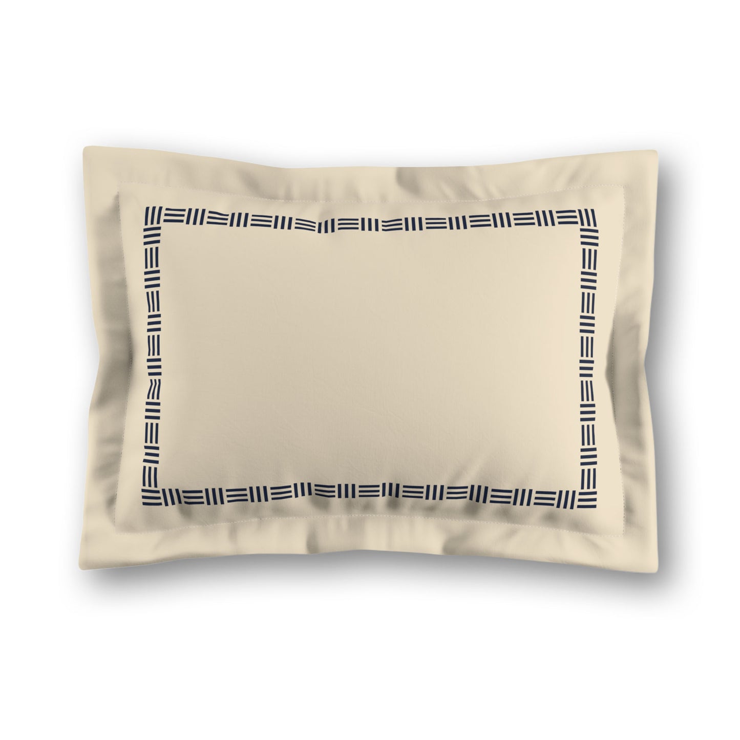Beige Microfiber Pillow Sham with Flange, Navy Blue Single Weave Motif Print, Classic Border, White Reverse Side, King (width x length) 22 x 38 inches / 56 x 97 cm