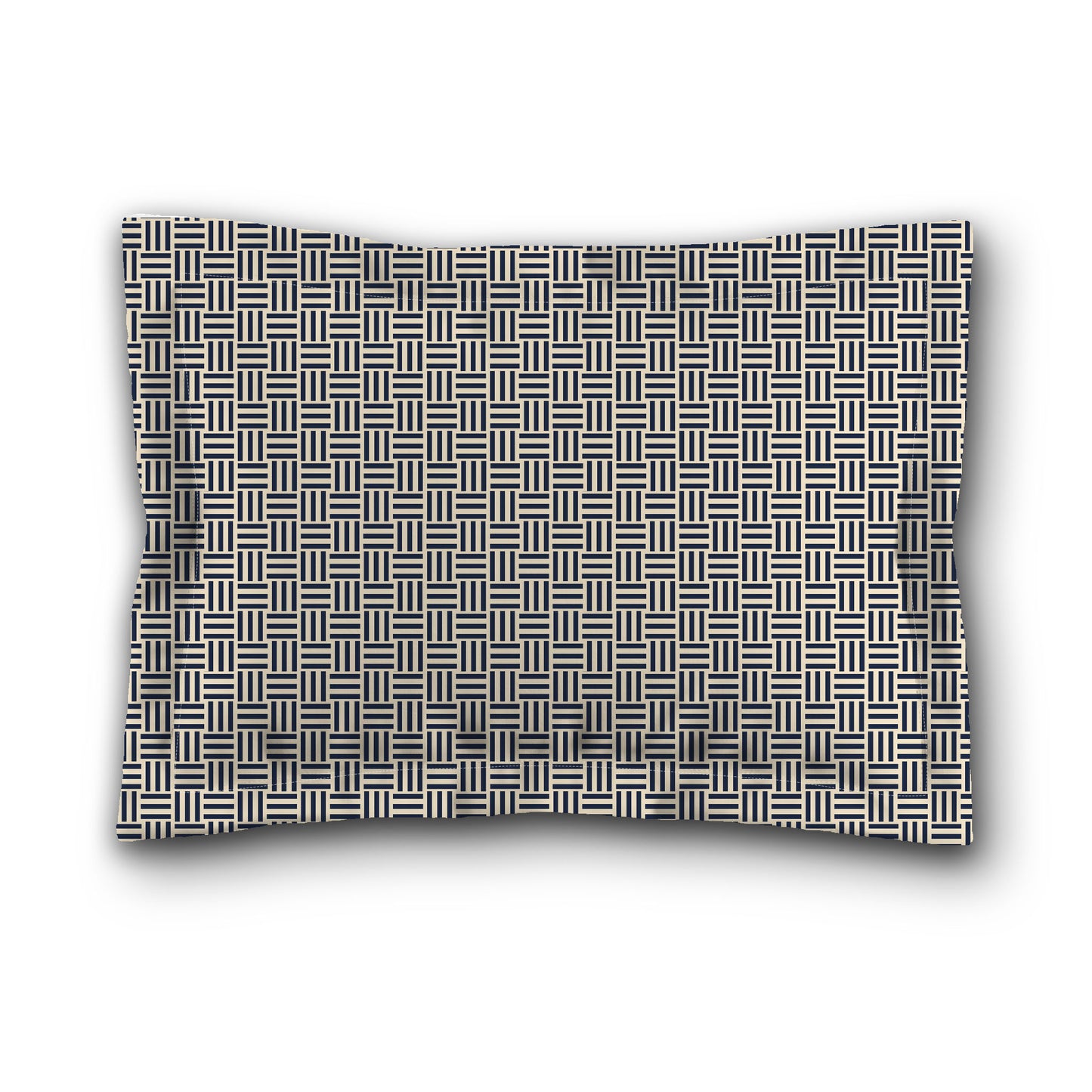 Beige Microfiber Pillow Sham with Flange, Navy Blue Single Weave Motif Print, White Reverse Side, King (width x length) 22 x 38 inches / 56 x 97 cm
