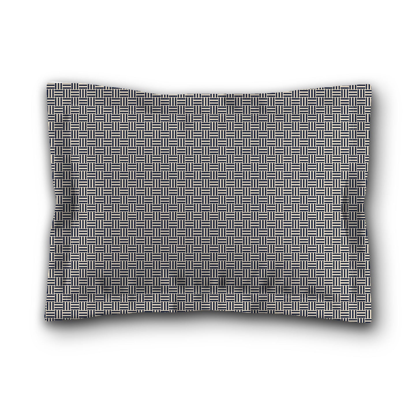 Beige Microfiber Pillow Sham with Flange, Navy Blue Double Weave Motif Print, White Reverse Side, King (width x length) 22 x 38 inches / 56 x 97 cm