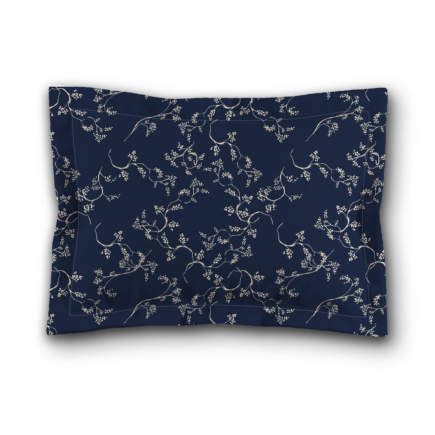 Navy Blue Microfiber Pillow Sham with Flange, Beige Hand-painted Vine Print, White Reverse Side, King (width x length) 22 x 38 inches / 56 x 97 cm