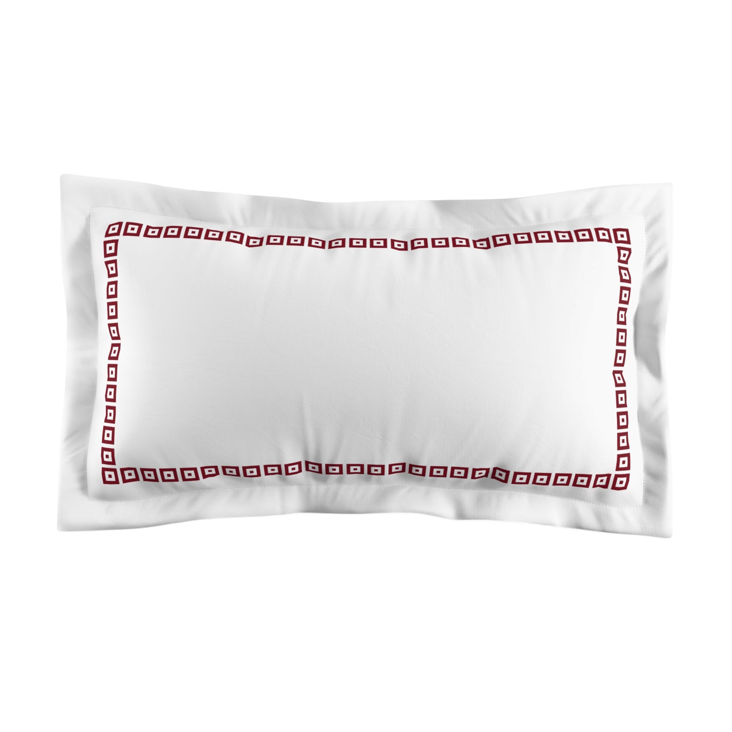 White Microfiber Pillow Sham with Flange, Burgundy Red Repeating Square Motif Print, Classic Border, White Reverse Side | MFSF-1281-121