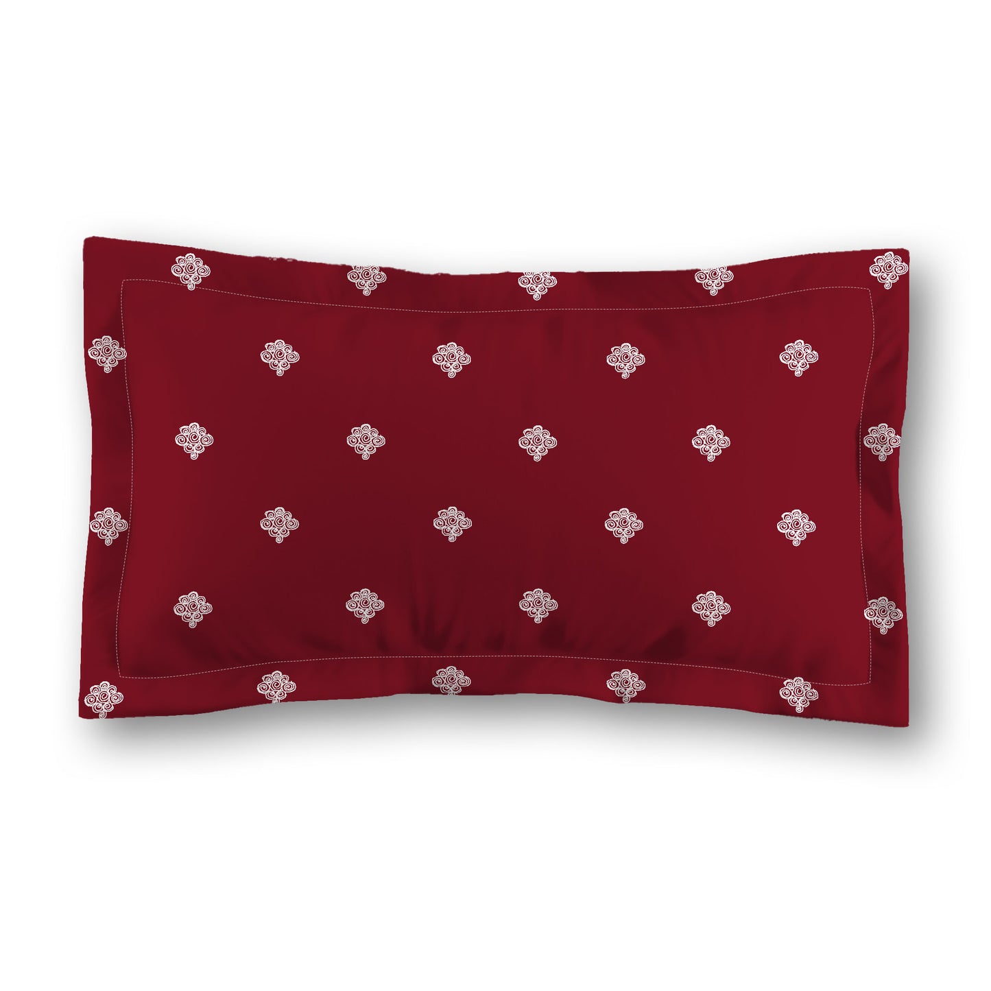 Burgundy Red Microfiber Pillow Sham with Flange, White Hand-painted Swizzle Motif Print, White Reverse Side | MFSF-1281-172
