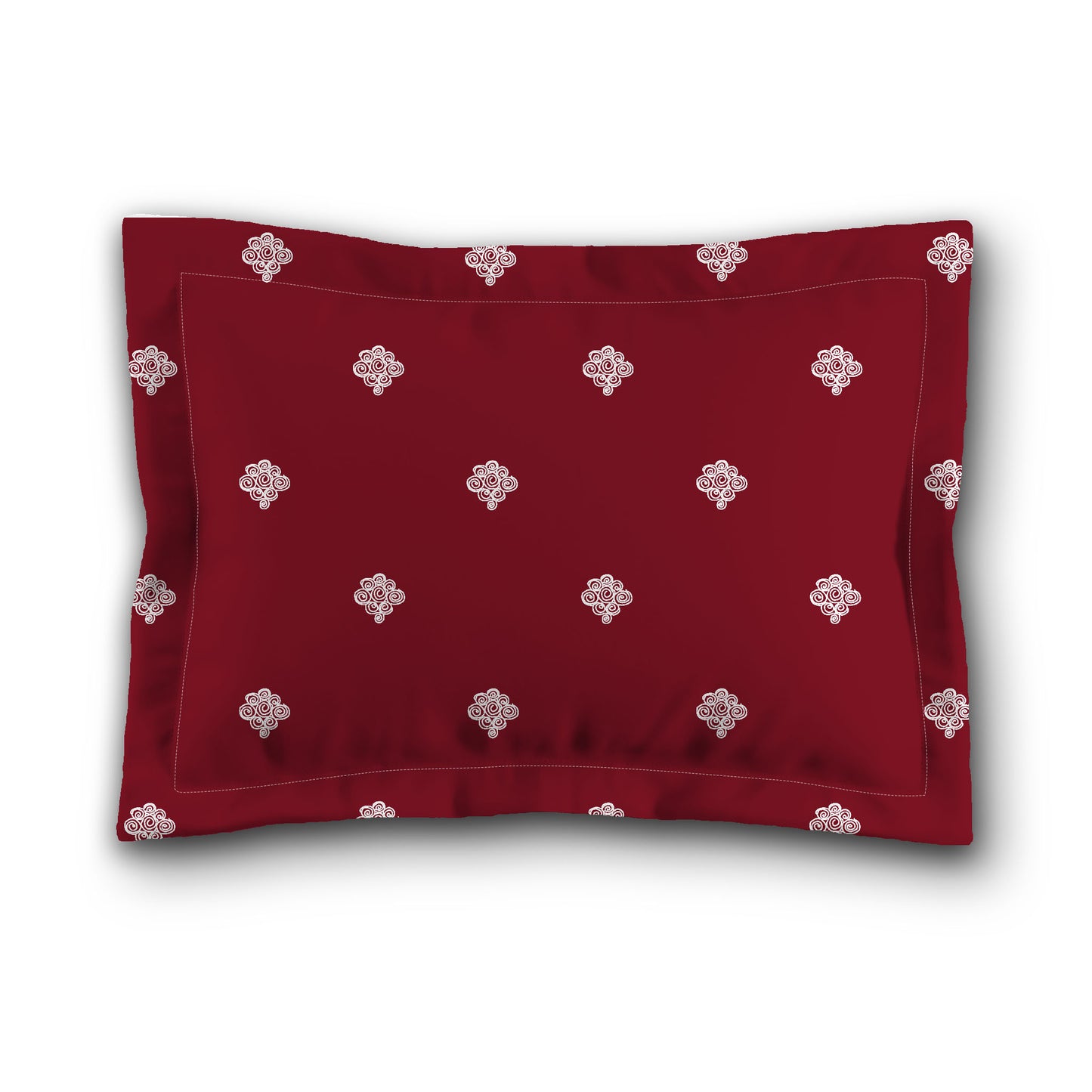 Burgundy Red Microfiber Pillow Sham with Flange, White Hand-painted Swizzle Motif Print, White Reverse Side | MFSF-1281-172
