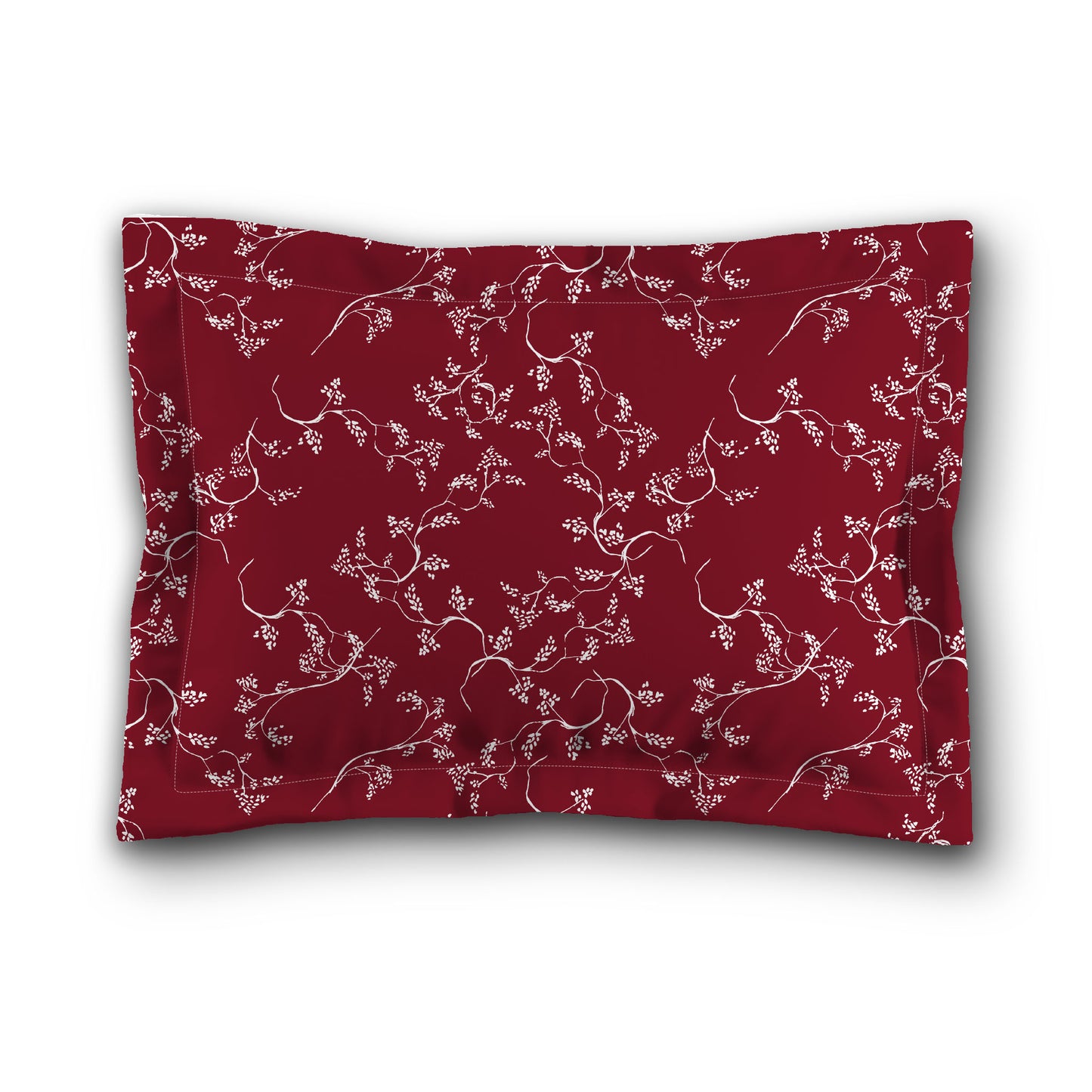Burgundy Red Microfiber Pillow Sham with Flange, White Hand-painted Vine Print, White Reverse Side | MFSF-1281-182