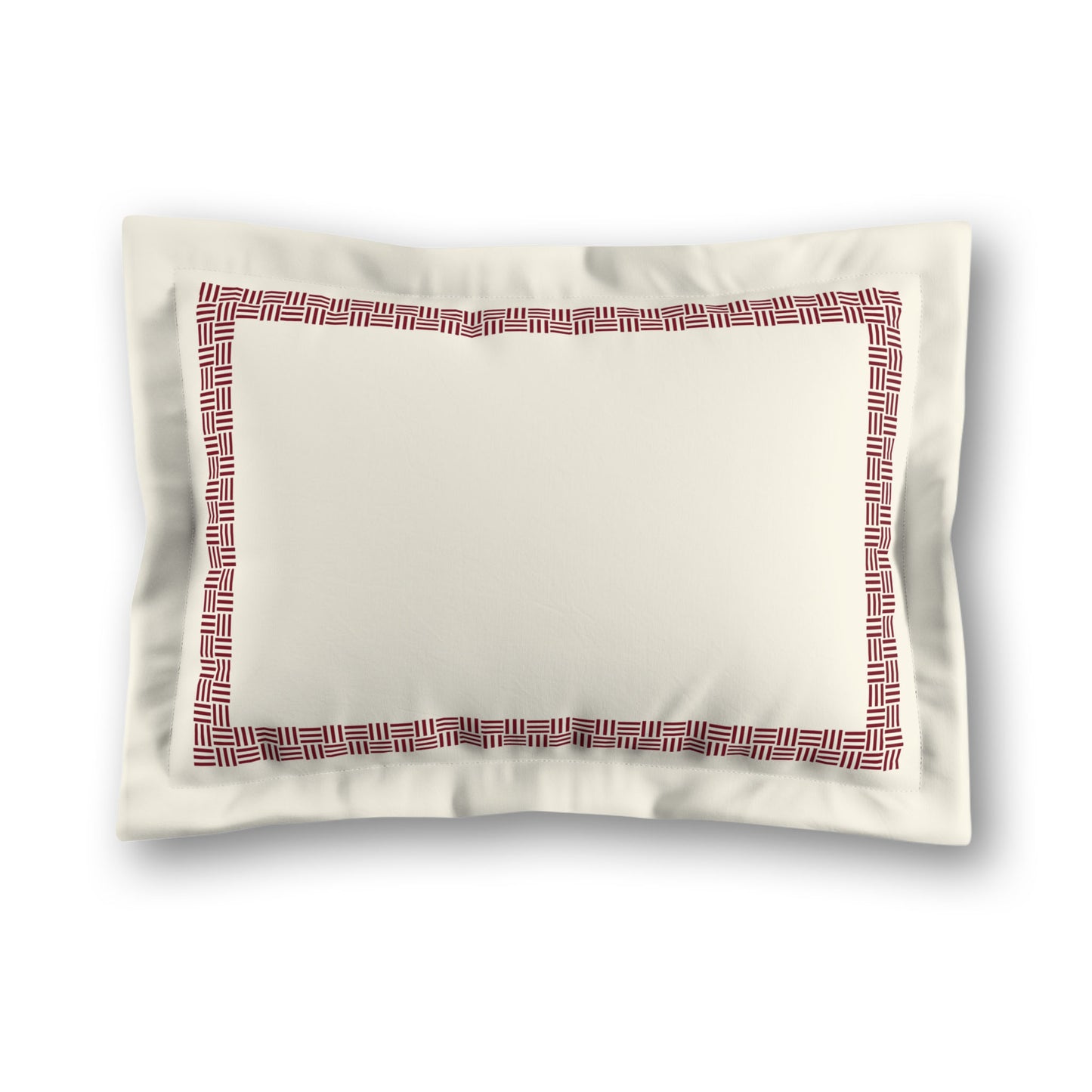 Pale Cream Microfibre Pillow Sham with Flange, Burgundy Red Double Weave Motif Print, Classic Border, White Reverse Side, King (width x length) 22 x 38 inches / 56 x 97 cm