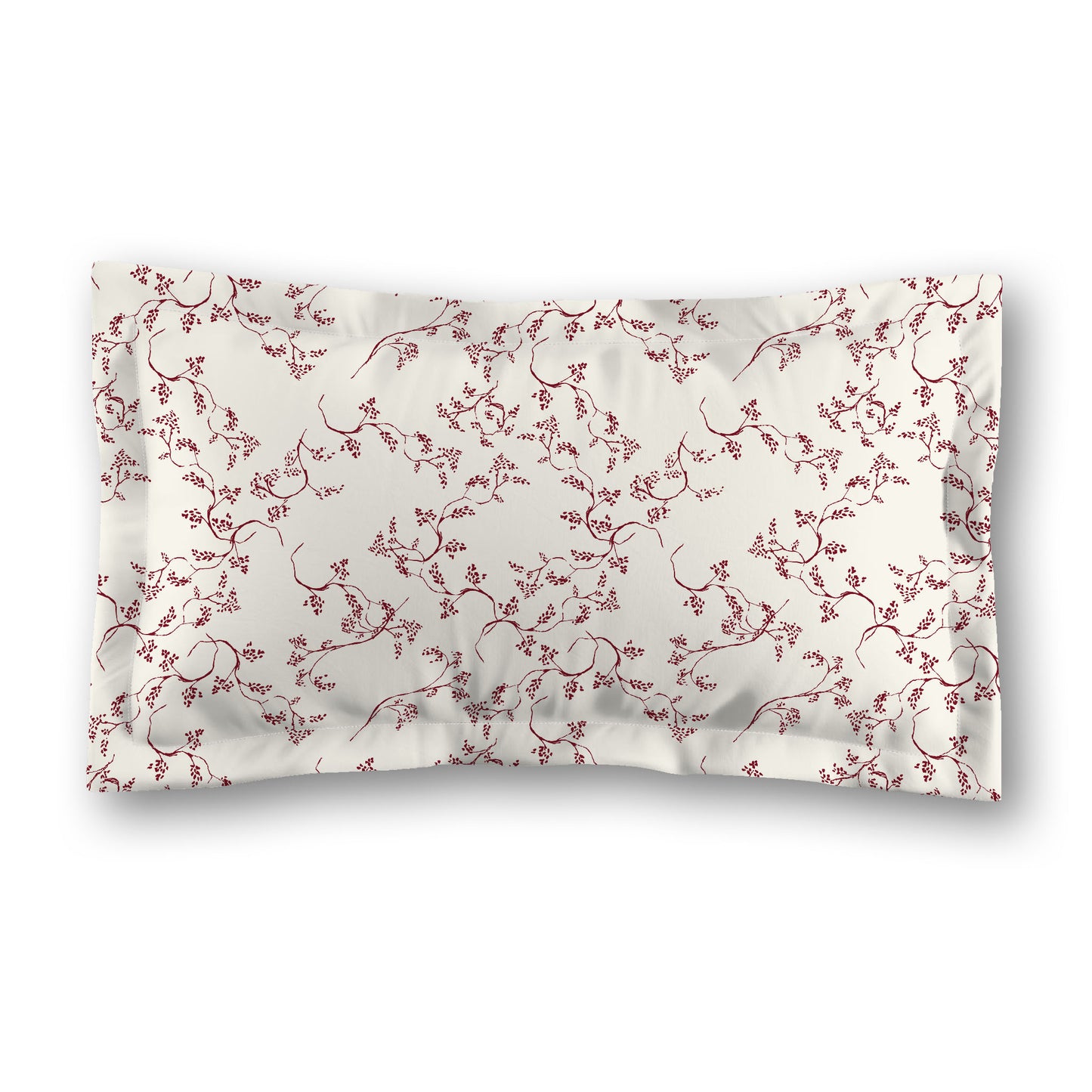 Pale Cream Microfibre Pillow Sham with Flange, Burgundy Red Hand-painted Vine Print, White Reverse Side, Standard (width x length) 22 x 30 inches / 56 x 76 cm
