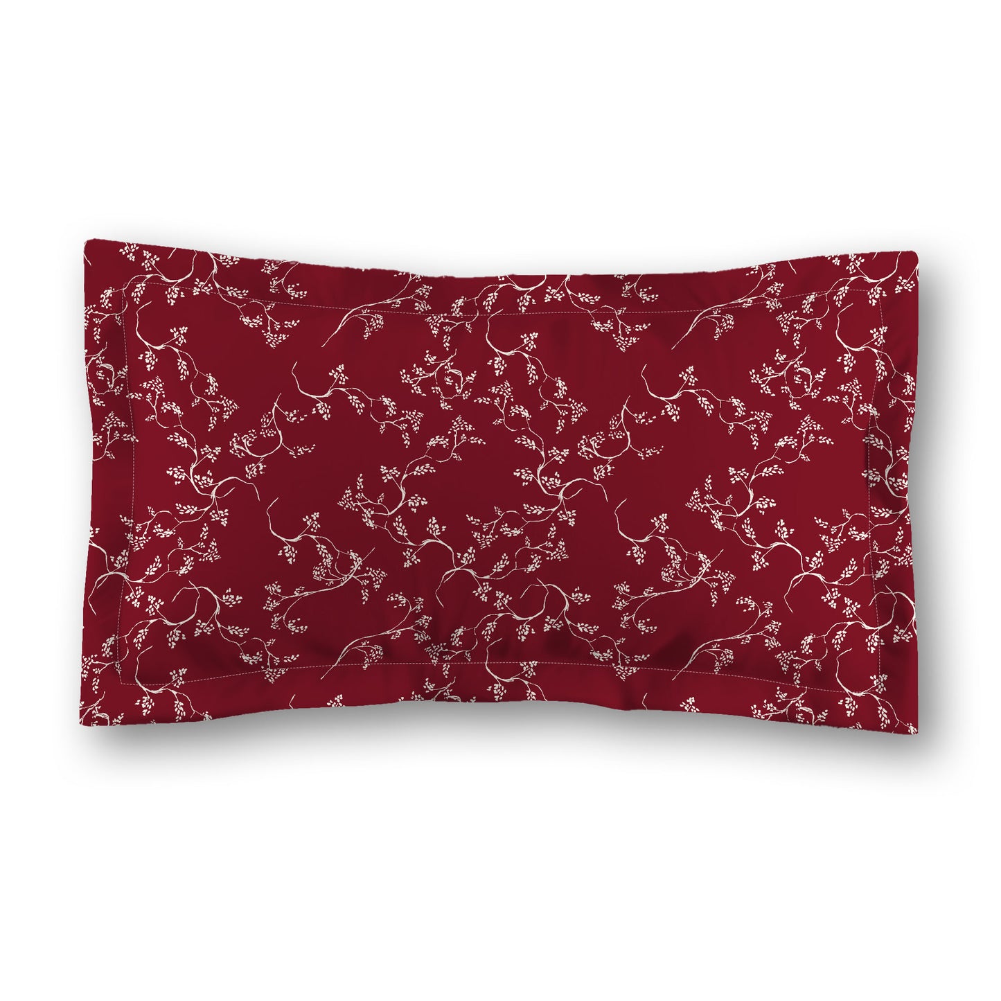 Burgundy Red Microfiber Pillow Sham with Flange, Pale Cream Hand-painted Vine Print, White Reverse Side, Standard (width x length) 22 x 30 inches / 56 x 76 cm