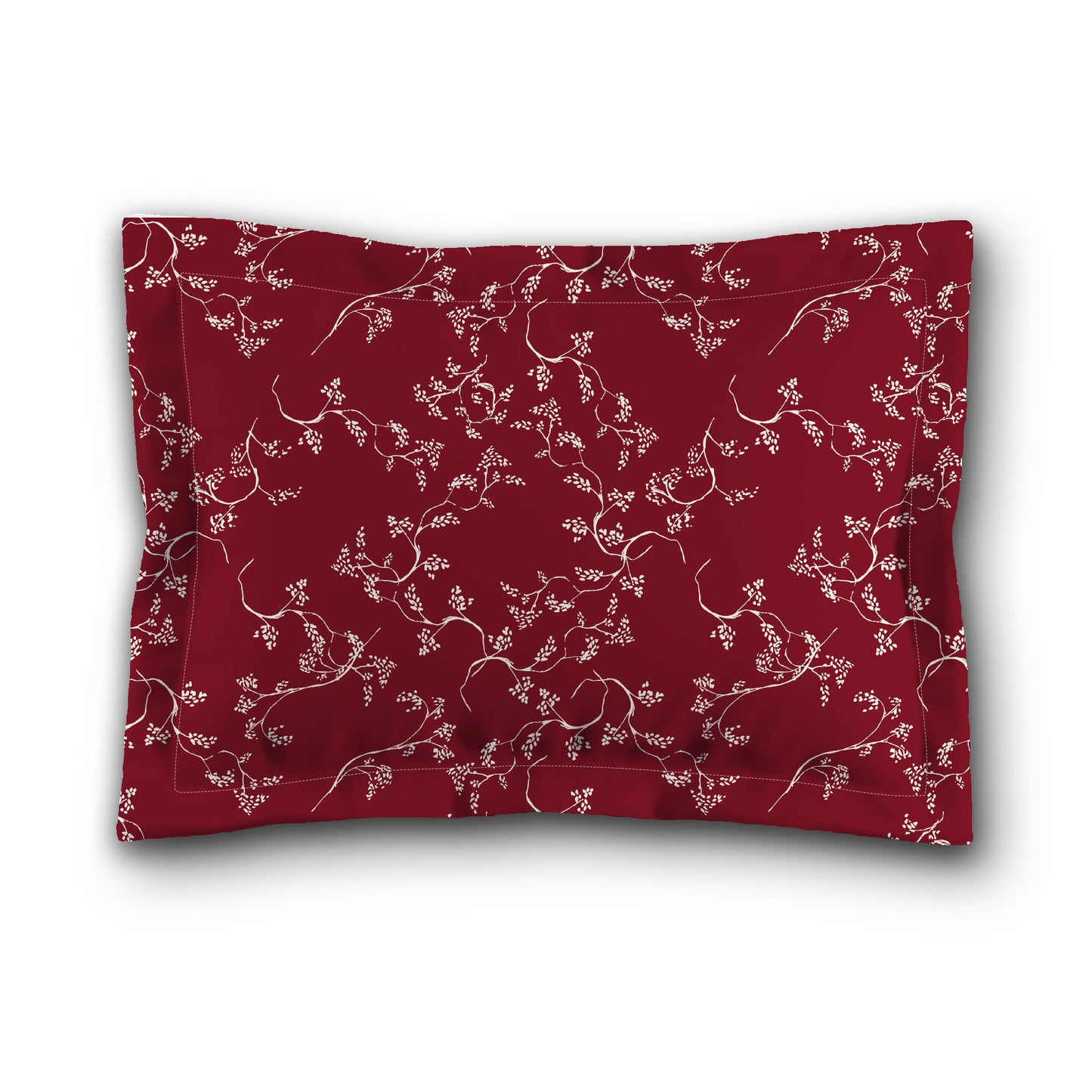 Burgundy Red Microfiber Pillow Sham with Flange, Pale Cream Hand-painted Vine Print, White Reverse Side, King (width x length) 22 x 38 inches / 56 x 97 cm