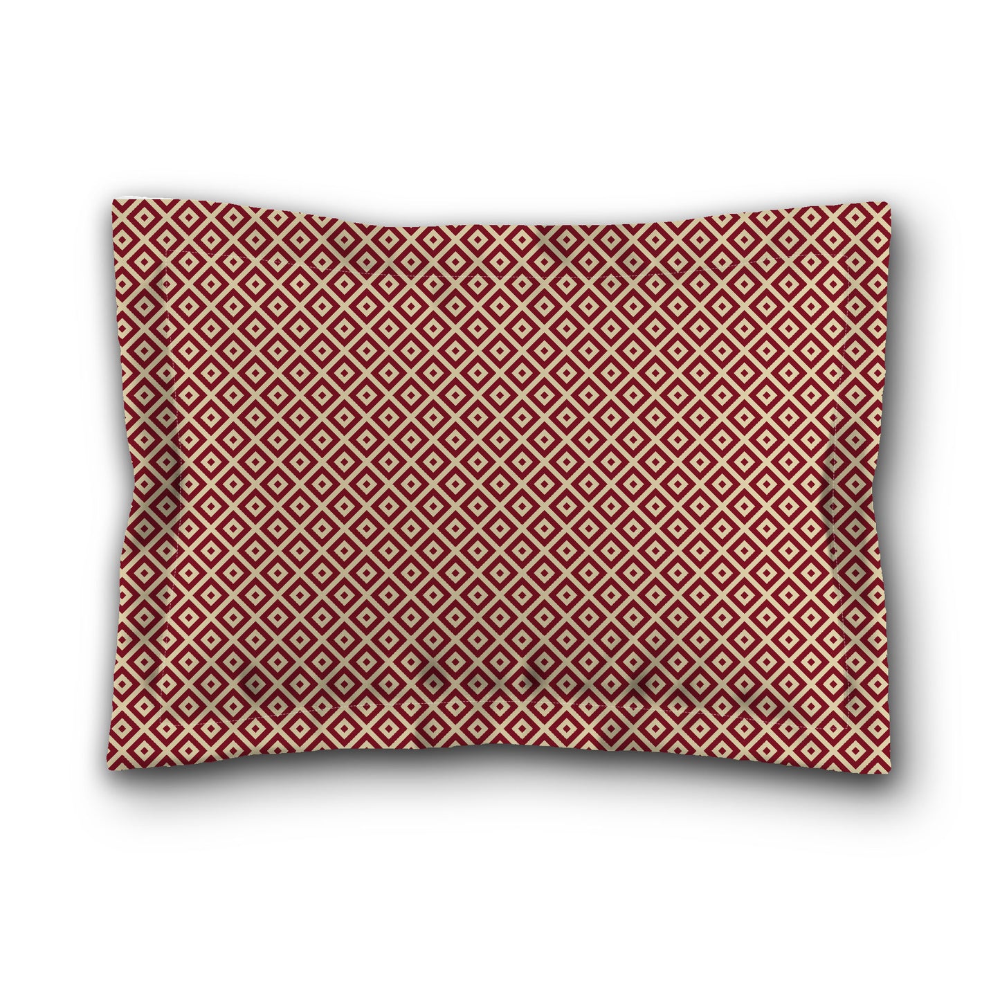Desert Sand Microfibre Pillow Sham with Flange, Burgundy Red Repeating Square Motif Print, Tan Reverse Side, King (width x length) 22 x 38 inches / 56 x 97 cm