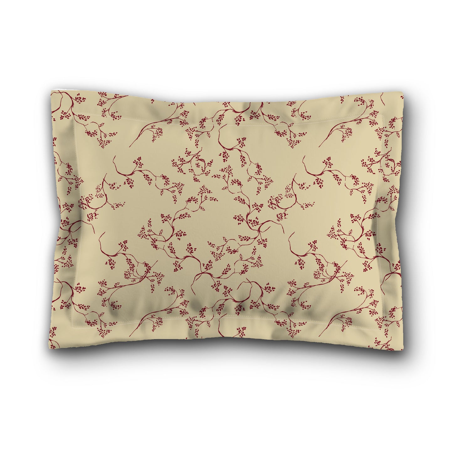 Desert Sand Microfibre Pillow Sham with Flange, Burgundy Red Hand-painted Vine Print, Tan Reverse Side, King (width x length) 22 x 38 inches / 56 x 97 cm