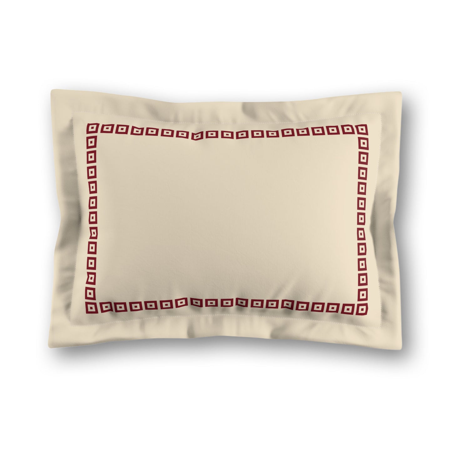 Beige Microfibre Pillow Sham with Flange, Burgundy Red Repeating Square Motif Print, Classic Border, White Reverse Side, King (width x length) 22 x 38 inches / 56 x 97 cm