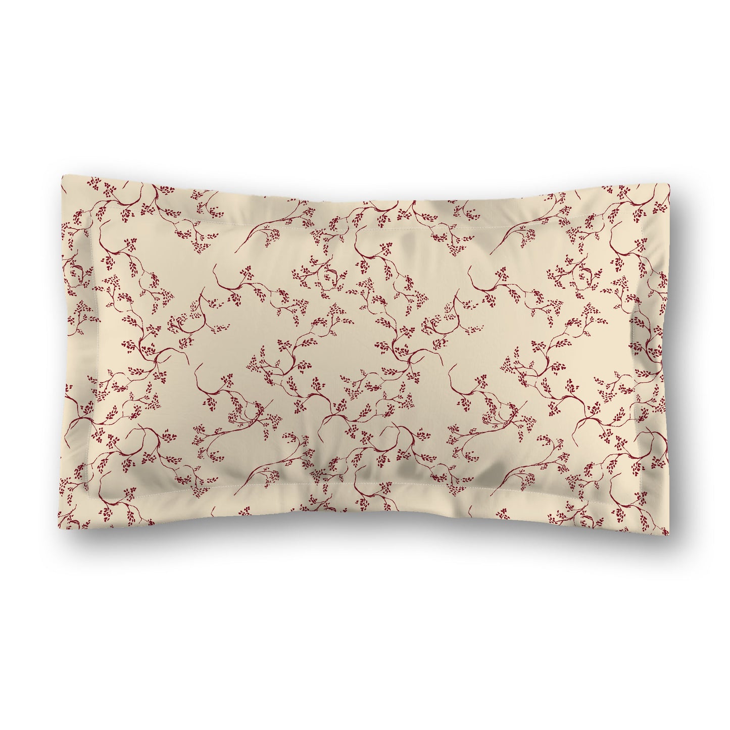 Beige Microfibre Pillow Sham with Flange, Burgundy Red Hand-painted Vine Print, White Reverse Side, Standard (width x length) 22 x 30 inches / 56 x 76 cm