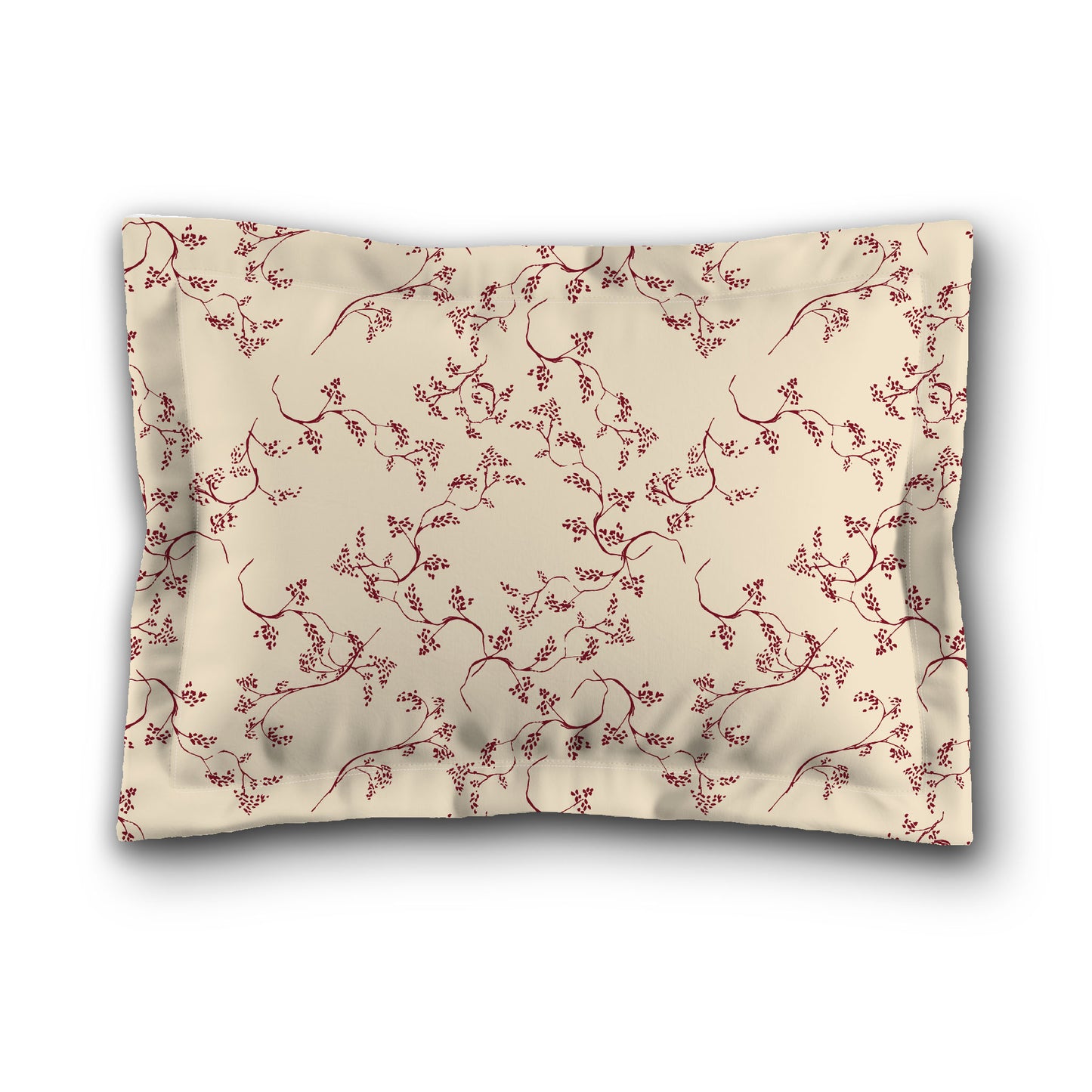 Beige Microfibre Pillow Sham with Flange, Burgundy Red Hand-painted Vine Print, White Reverse Side, King (width x length) 22 x 38 inches / 56 x 97 cm