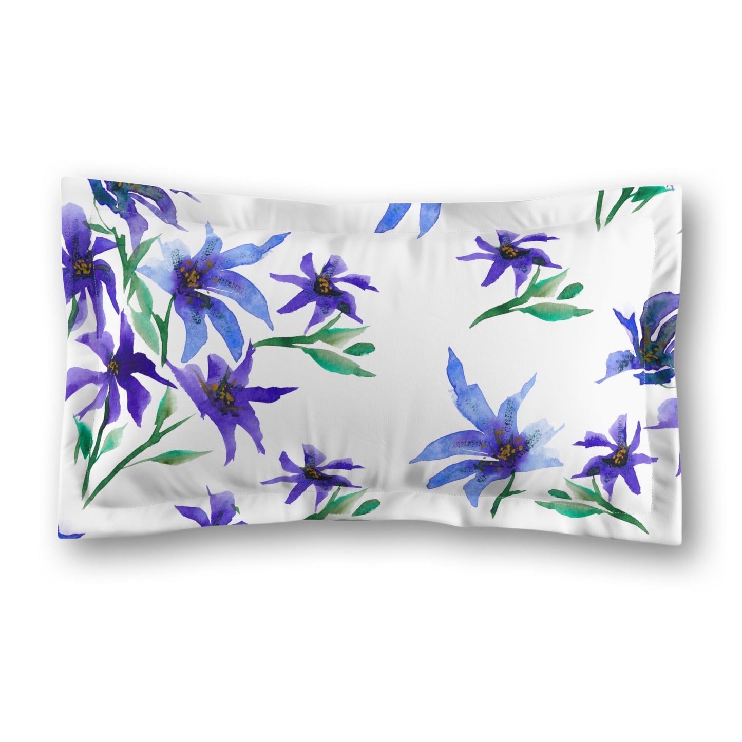 White Microfiber Pillow Sham with Flange, Large Purple Floral Print, Standard - 22 x 30 inches