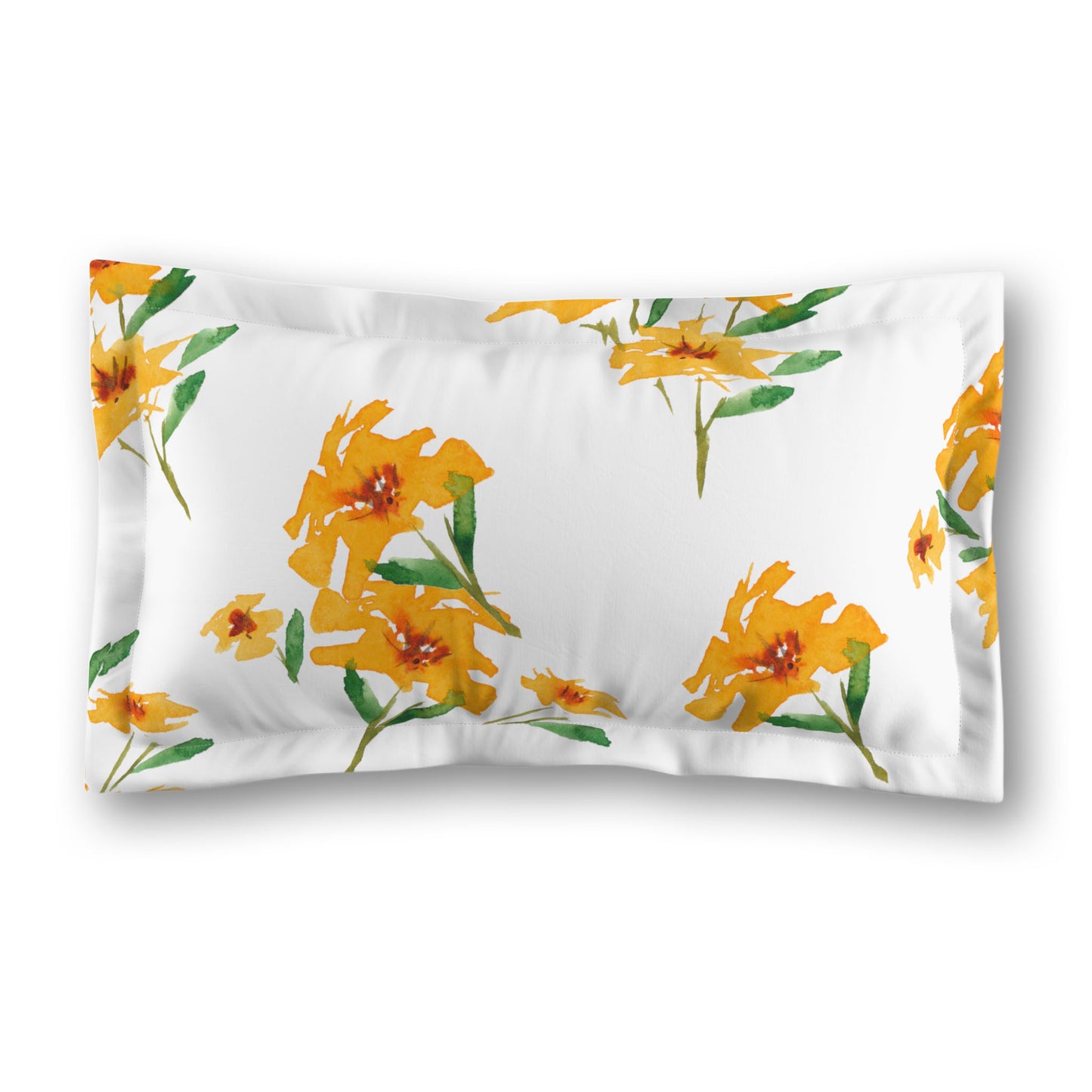 White Microfiber Pillow Sham with Flange, Large Yellow-Orange Floral Print, Standard - 22 x 30 inches
