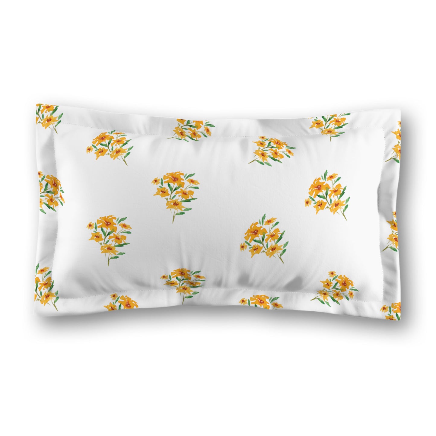 White Microfiber Pillow Sham with Flange, Medium Yellow-Orange Floral Pattern, Standard - 22 x 30 inches