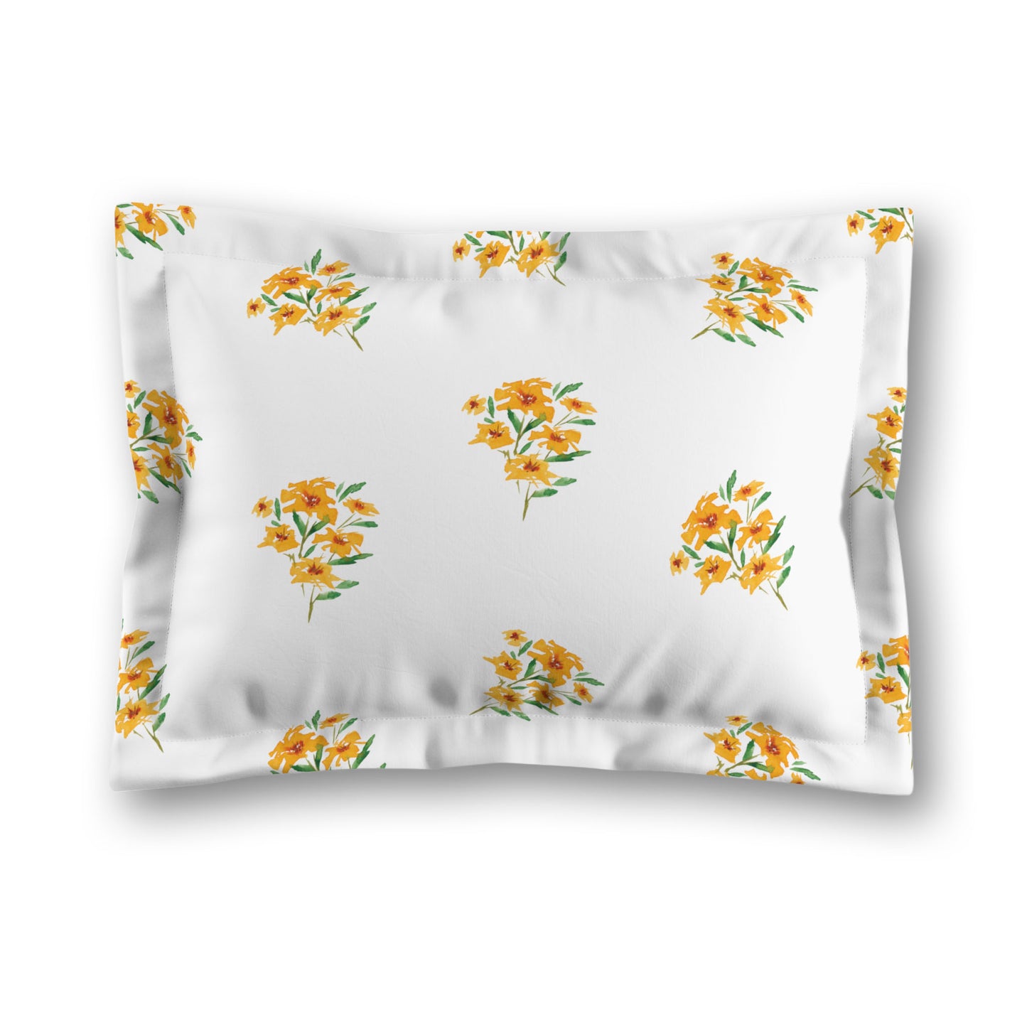 White Microfiber Pillow Sham with Flange, Medium Yellow-Orange Floral Pattern, King - 22 x 38 inches