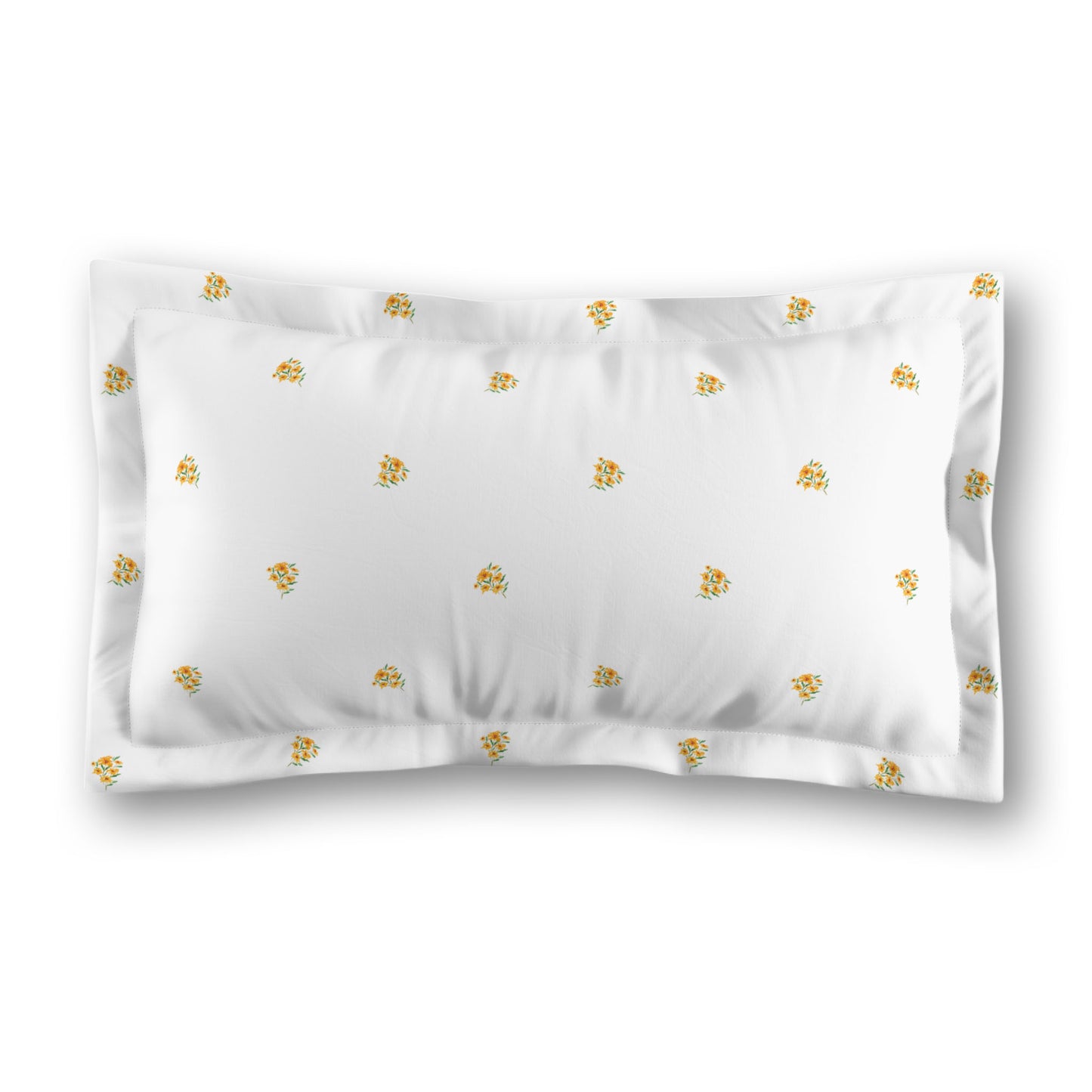 White Microfiber Pillow Sham with Flange, Small Yellow-Orange Floral Pattern, Standard - 22 x 30 inches