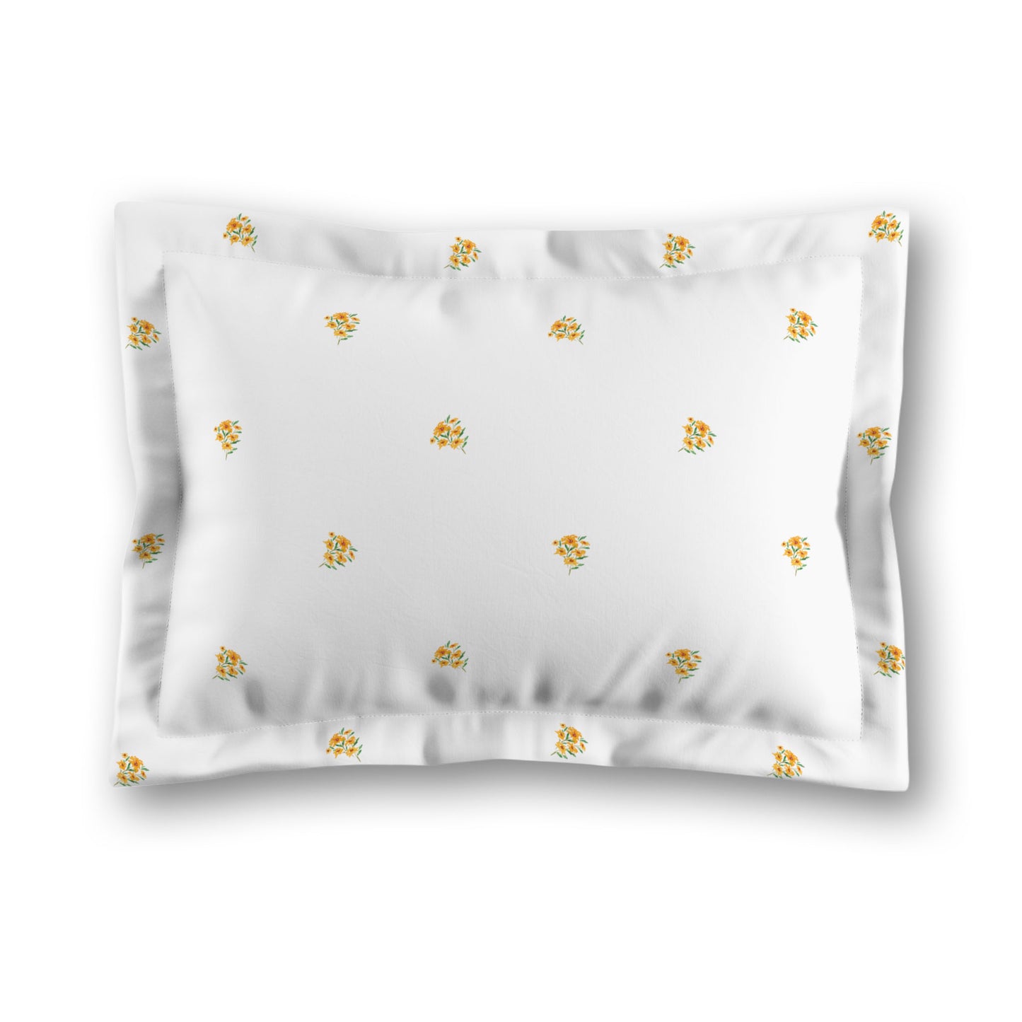 White Microfiber Pillow Sham with Flange, Small Yellow-Orange Floral Pattern, King - 22 x 38 inches