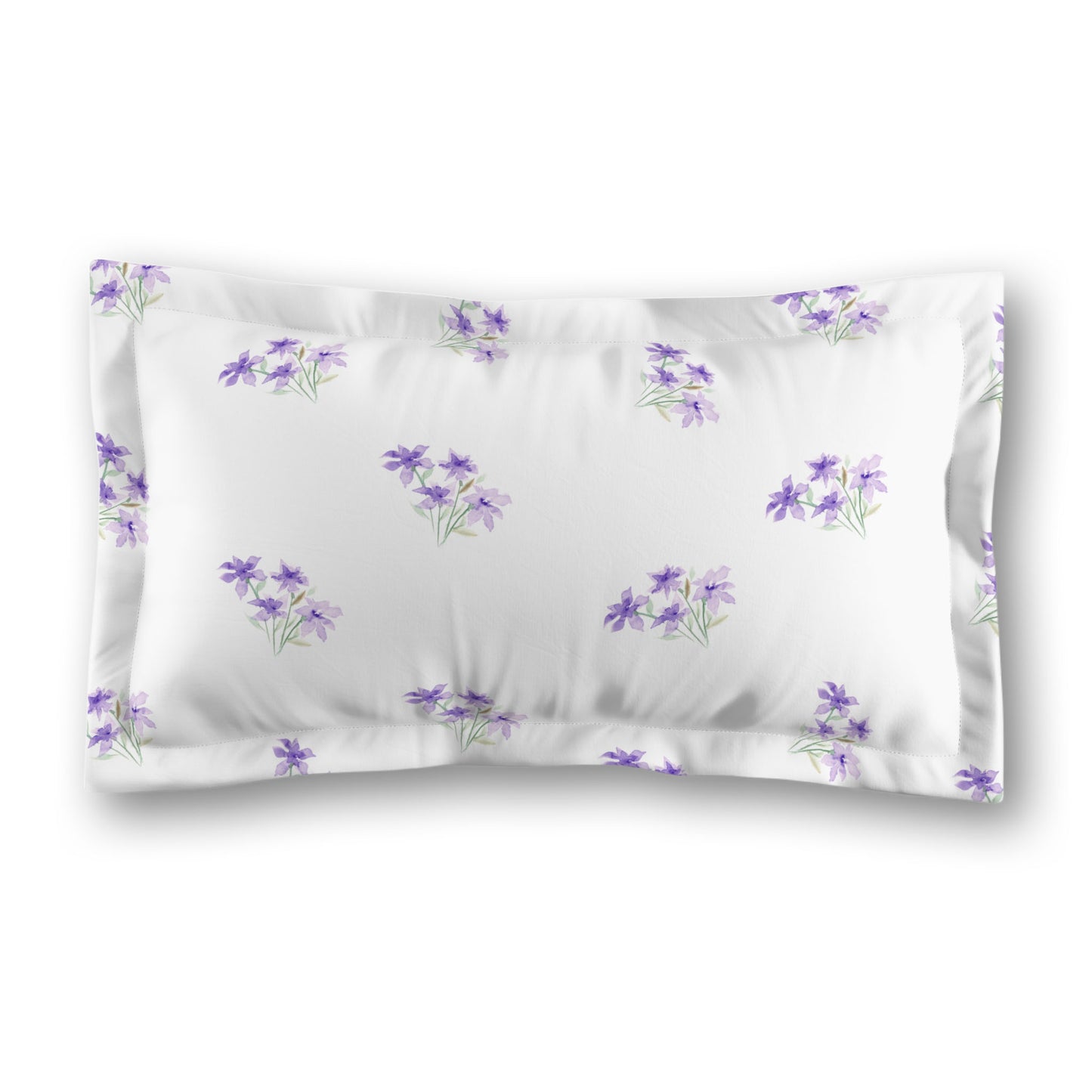 White Microfiber Pillow Sham with Flange, Medium Purple Floral Pattern, Standard - 22 x 30 inches