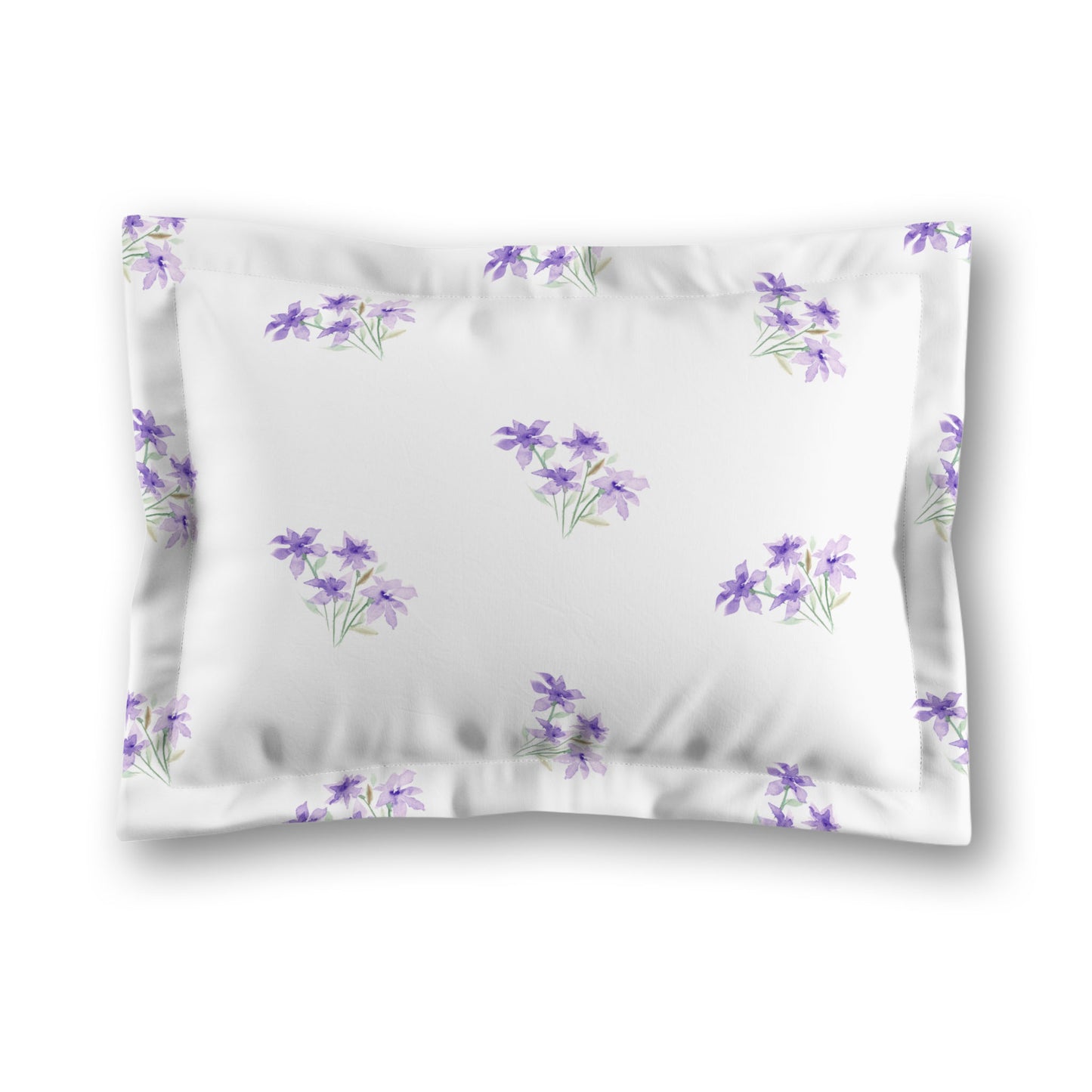 White Microfiber Pillow Sham with Flange, Medium Purple Floral Pattern, King - 22 x 38 inches