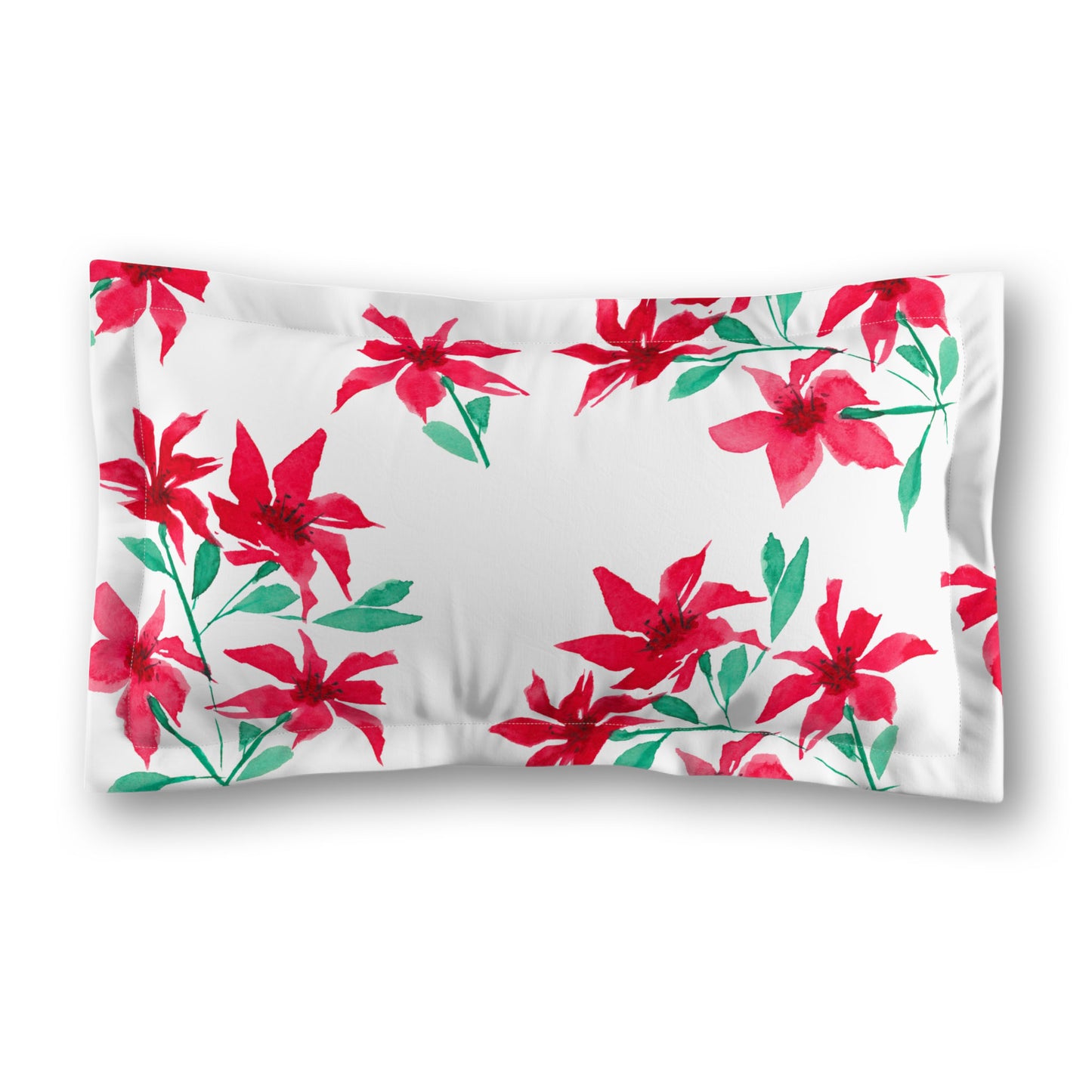 White Microfiber Pillow Sham with Flange, Large Red Floral Print, Standard - 22 x 30 inches