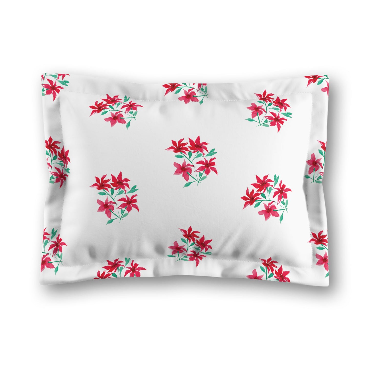 White Microfiber Pillow Sham with Flange, Medium Red Floral Pattern, King - 22 x 38 inches
