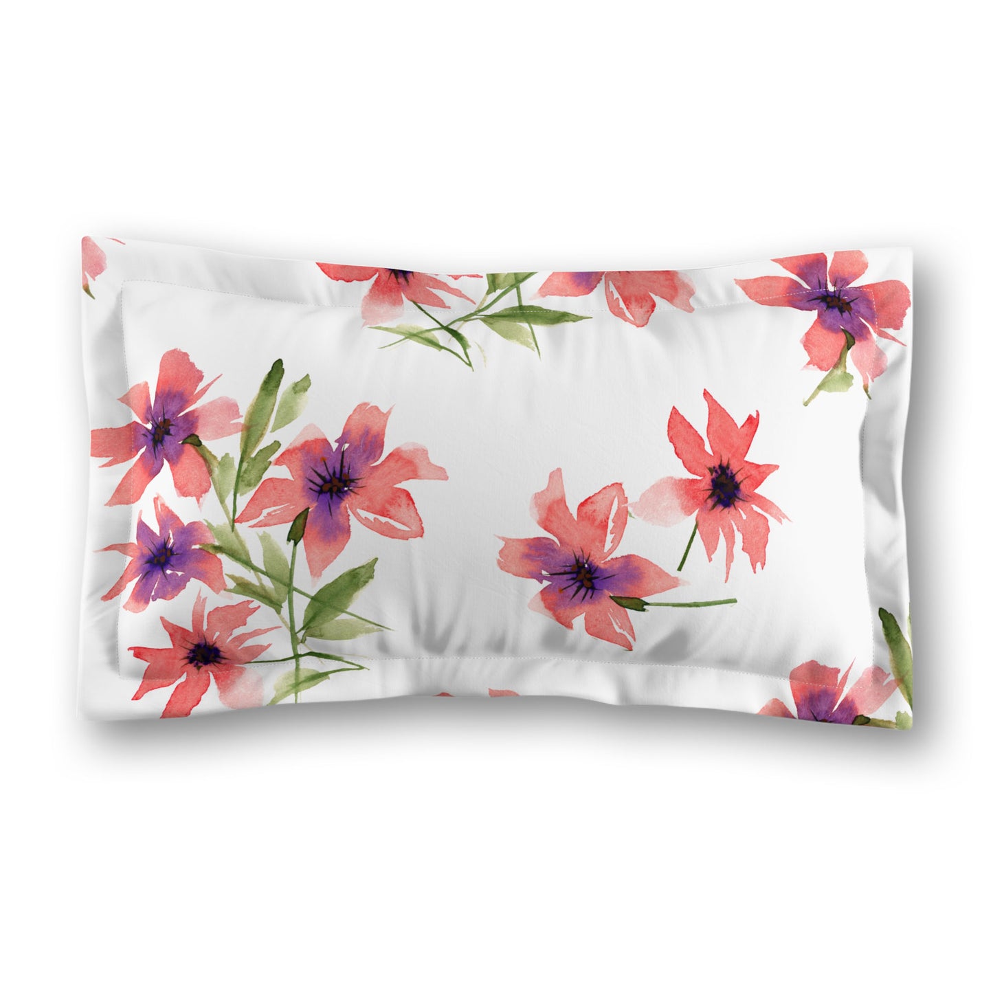 White Microfiber Pillow Sham with Flange, Large Pink Floral Print, Standard - 22 x 30 inches