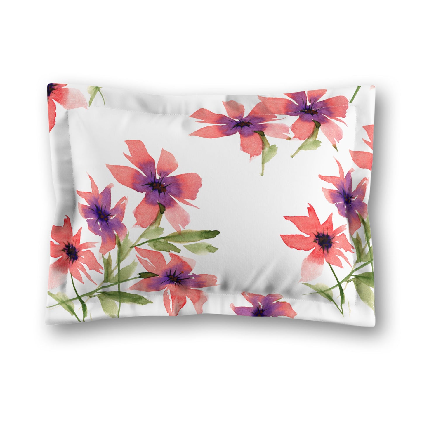 White Microfiber Pillow Sham with Flange, Large Pink Floral Print, King - 22 x 38 inches