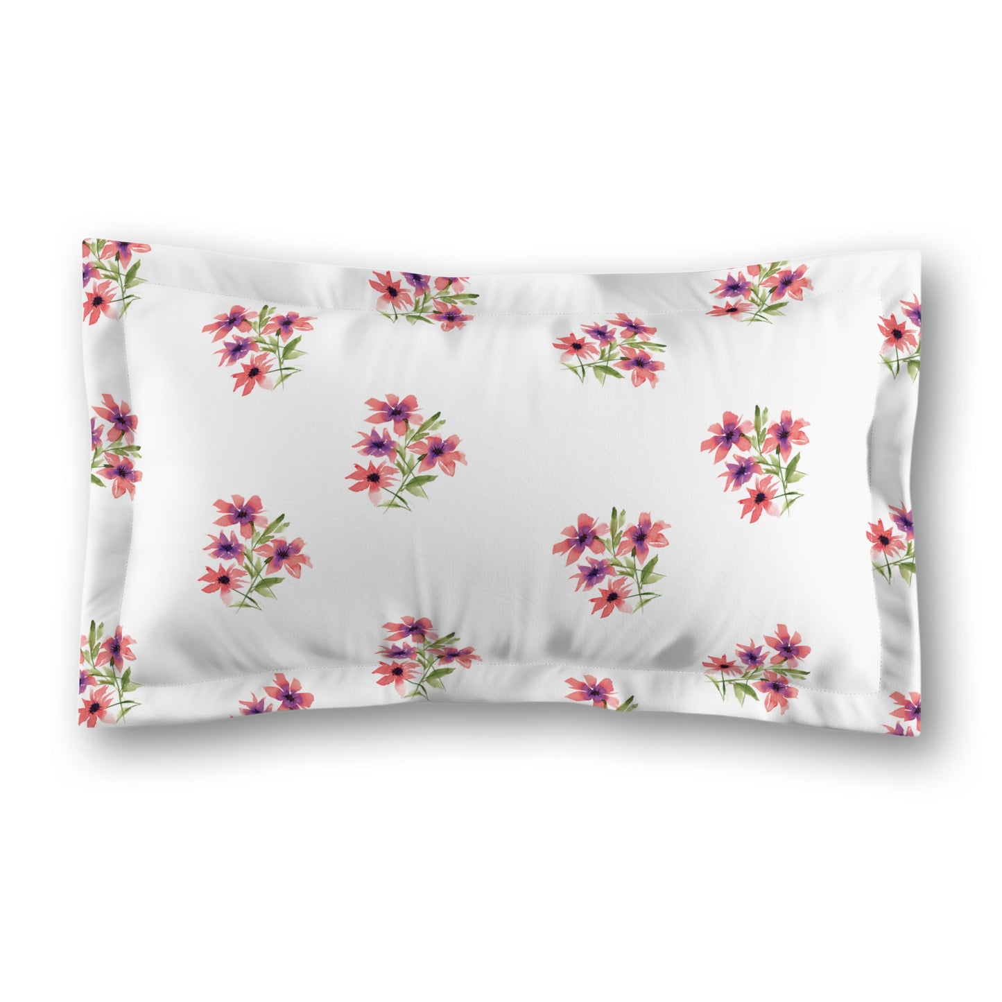 White Microfiber Pillow Sham with Flange, Medium Pink Floral Pattern, Standard - 22 x 30 inches