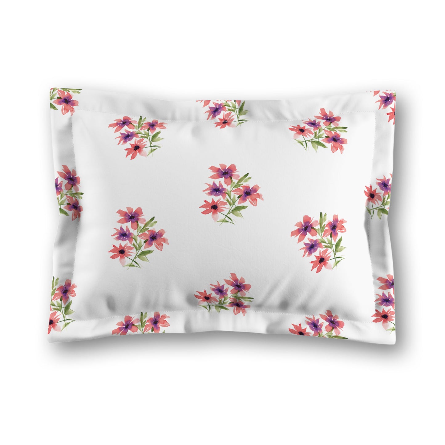 White Microfiber Pillow Sham with Flange, Medium Pink Floral Pattern, King - 22 x 38 inches