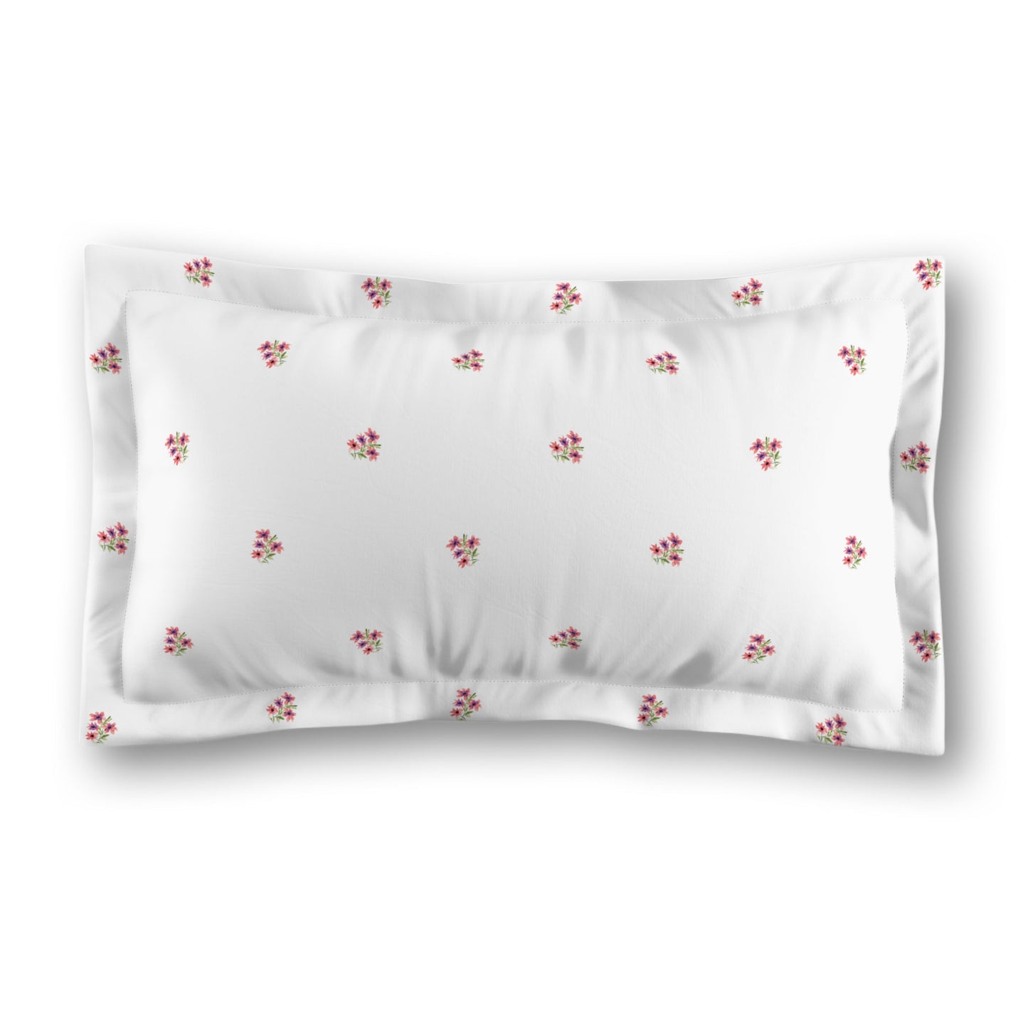 White Microfiber Pillow Sham with Flange, Small Pink Floral Pattern, Standard - 22 x 30 inches
