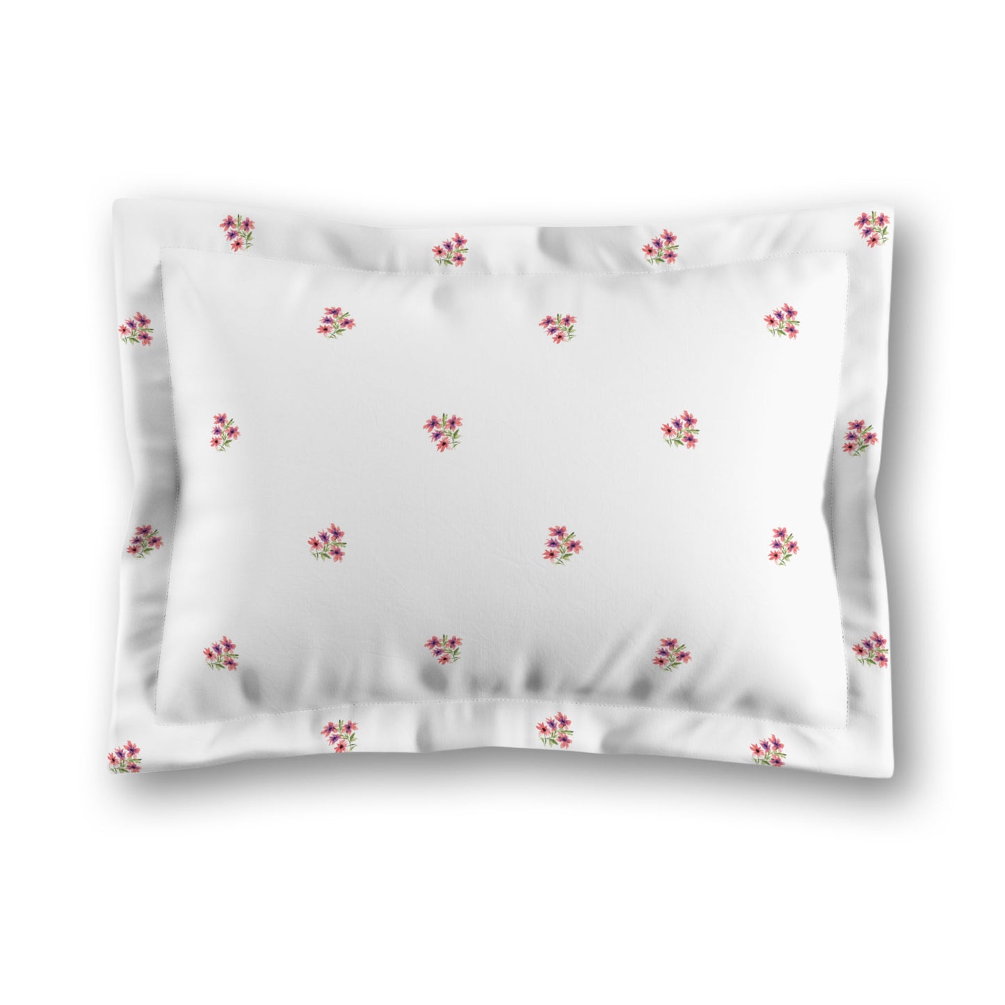 White Microfiber Pillow Sham with Flange, Small Pink Floral Pattern, King - 22 x 38 inches