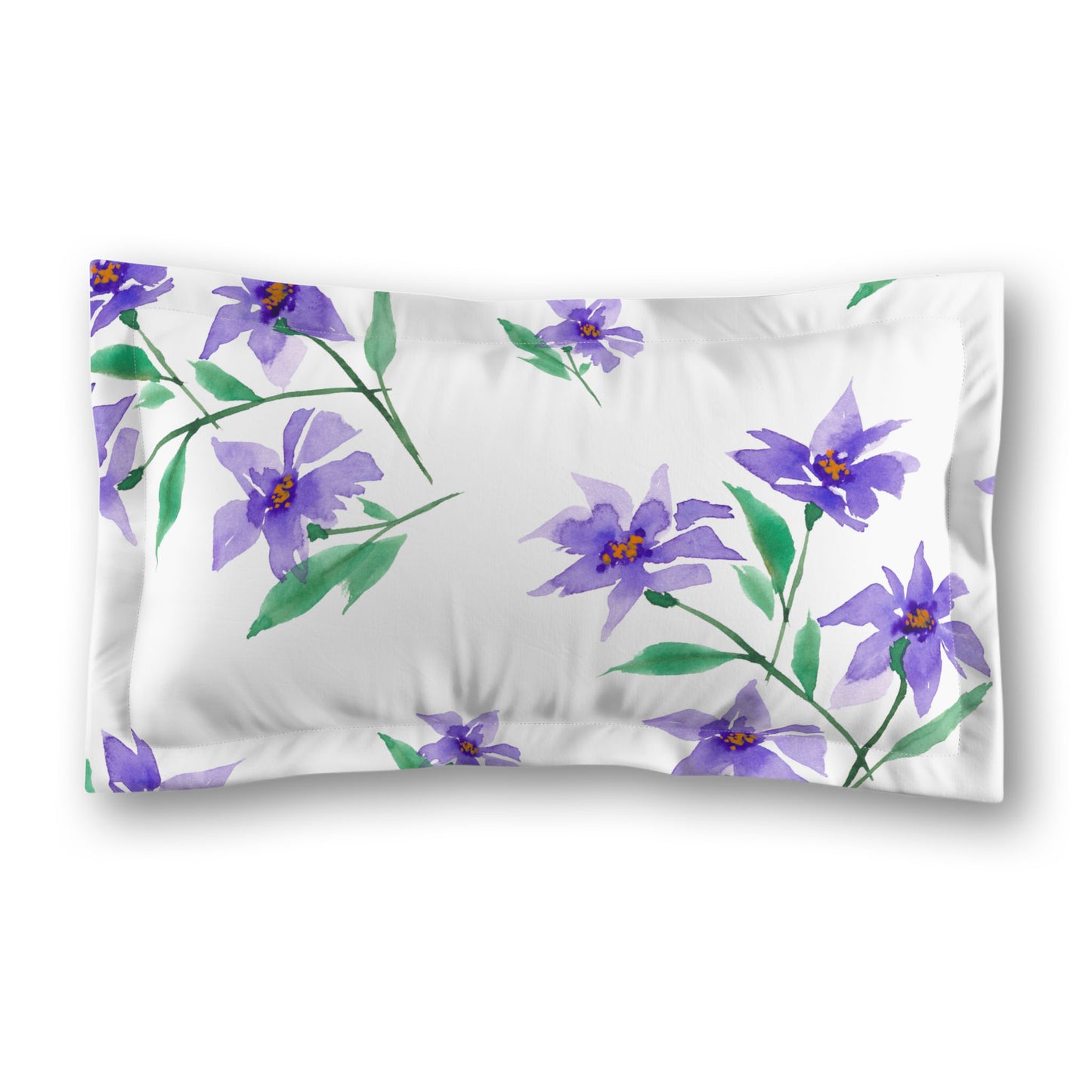 White Microfiber Pillow Sham with Flange, Large Purple Floral Print, Standard - 22 x 30 inches