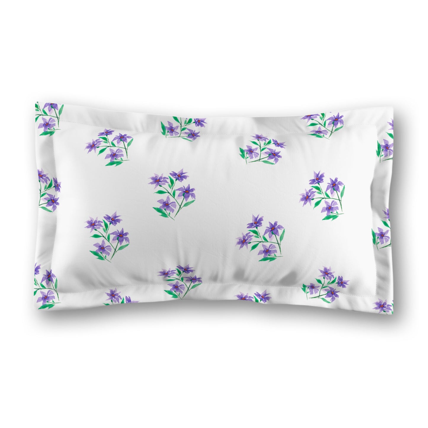 White Microfiber Pillow Sham with Flange, Medium Purple Floral Pattern, Standard - 22 x 30 inches