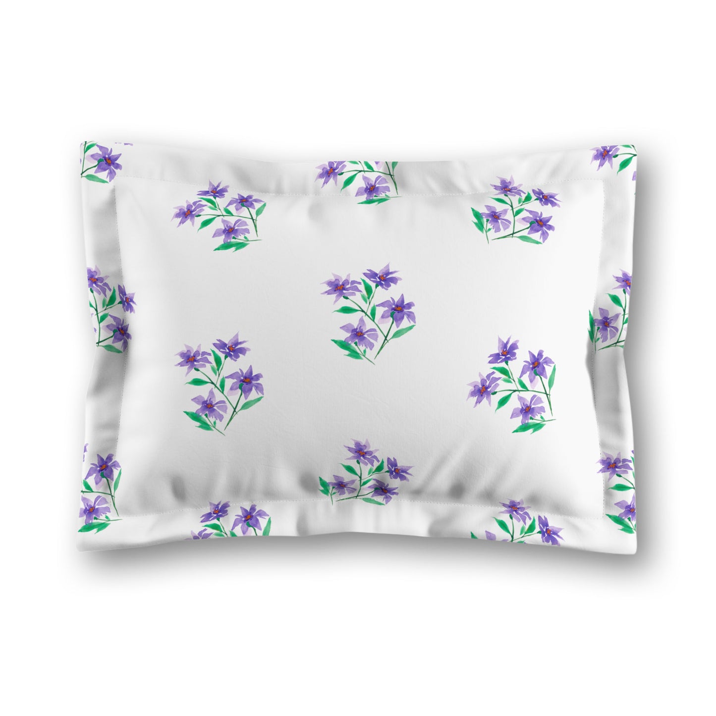 White Microfiber Pillow Sham with Flange, Medium Purple Floral Pattern, King - 22 x 38 inches