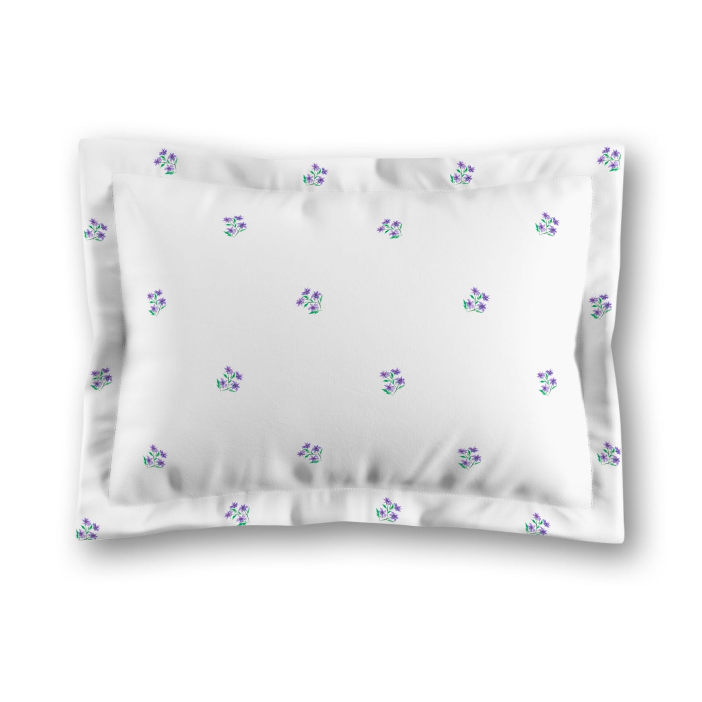 White Microfiber Pillow Sham with Flange, Small Purple Floral Pattern, King - 22 x 38 inches