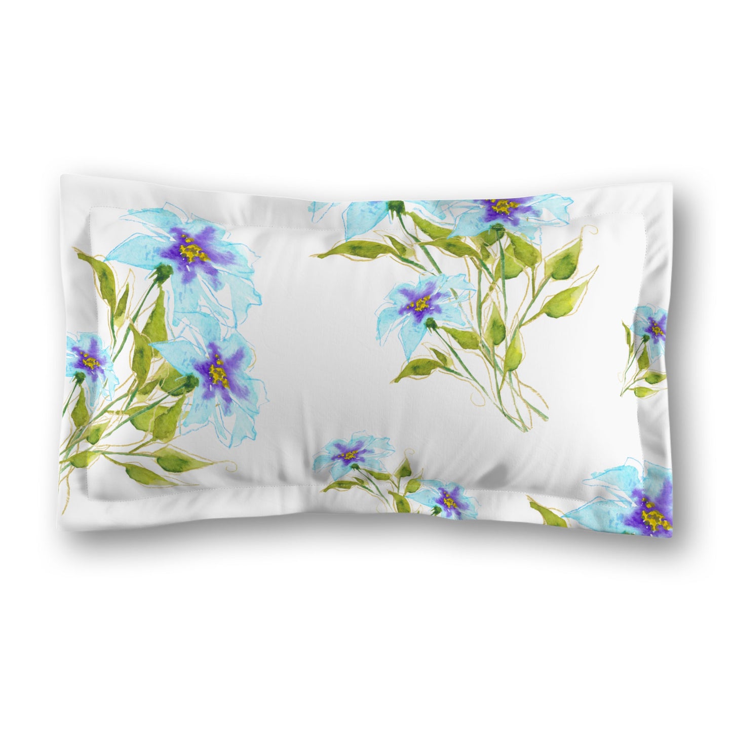 White Microfiber Pillow Sham with Flange, Large Blue Floral Print, Standard - 22 x 30 inches