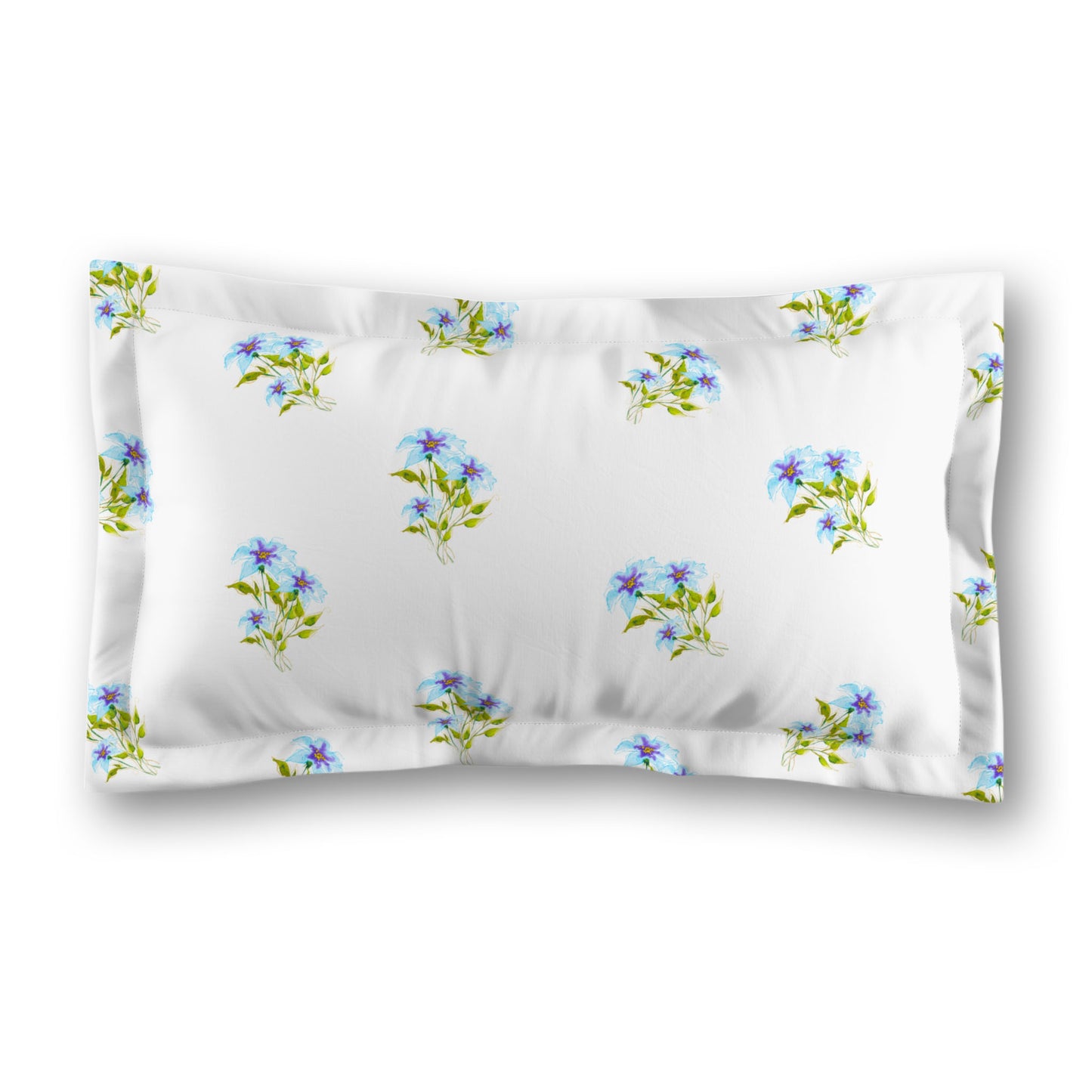 White Microfiber Pillow Sham with Flange, Medium Blue Floral Pattern, Standard - 22 x 30 inches