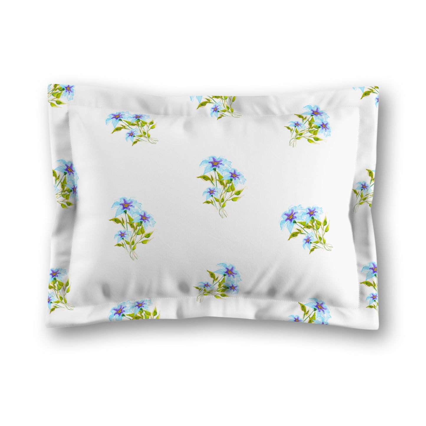 White Microfiber Pillow Sham with Flange, Medium Blue Floral Pattern, King - 22 x 38 inches