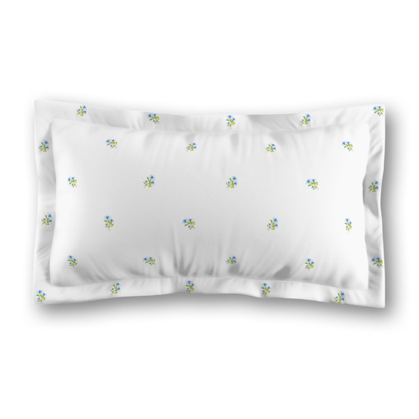 White Microfiber Pillow Sham with Flange, Small Blue Floral Pattern, Standard - 22 x 30 inches