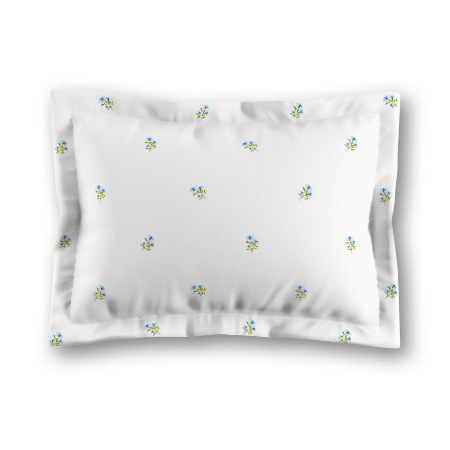 White Microfiber Pillow Sham with Flange, Small Blue Floral Pattern, King - 22 x 38 inches