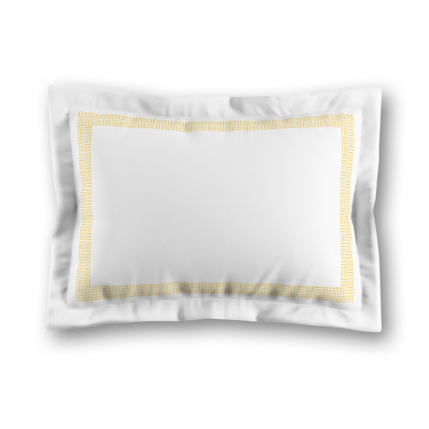 White Microfiber Pillow Sham with Flange, Yellow Double Weave Motif Print, Classic Border, White Reverse Side, King (width x length) 22 x 38 inches / 56 x 97 cm